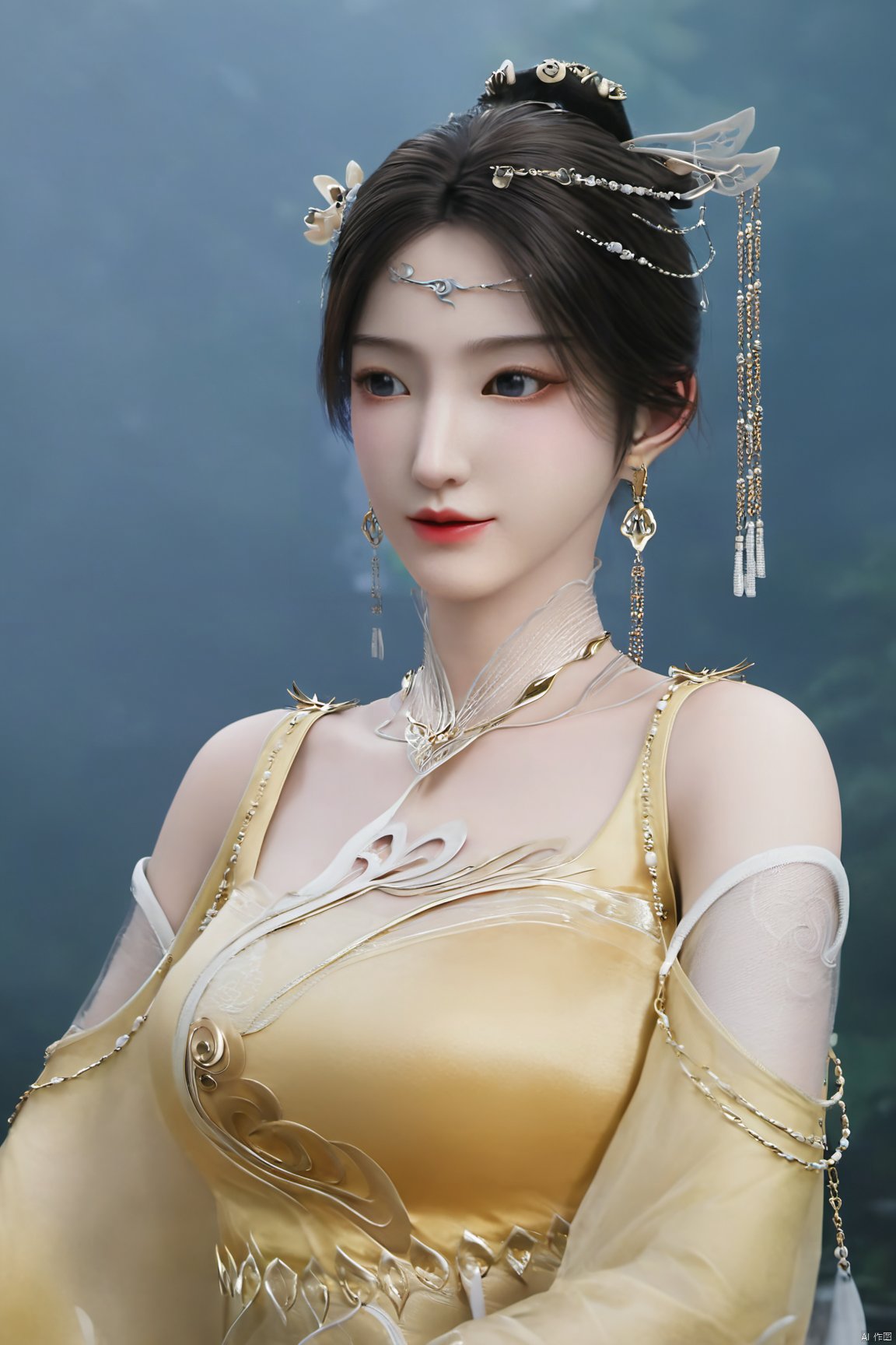 masterpiece,(best quality),official art,(extremely delicate and beautiful),solo,(yellow chinese clothes,yellow dress,bare shoulders,frilled collar,earrings,long sleeves),1girl,solo,black hair,facial mark,forehead mark,hair bun,hair ornament,hair stick,jewelry,long hair,,adfxx,,Xjinpinger,(big breasts:1.79),(flowers,Waterfall, lotus, willow, butterfly:1.23)