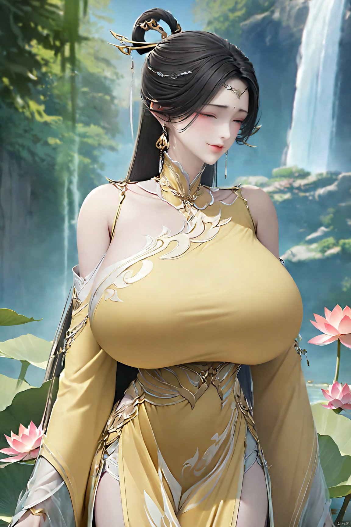 masterpiece,(best quality),official art,(extremely delicate and beautiful),solo,(yellow chinese clothes,yellow dress,bare shoulders,frilled collar,earrings,long sleeves),1girl,solo,black hair,facial mark,forehead mark,hair bun,hair ornament,hair stick,jewelry,long hair,,adfxx,,Xjinpinger,(big breasts:1.79),(flowers,Waterfall, lotus, willow, butterfly:1.23)