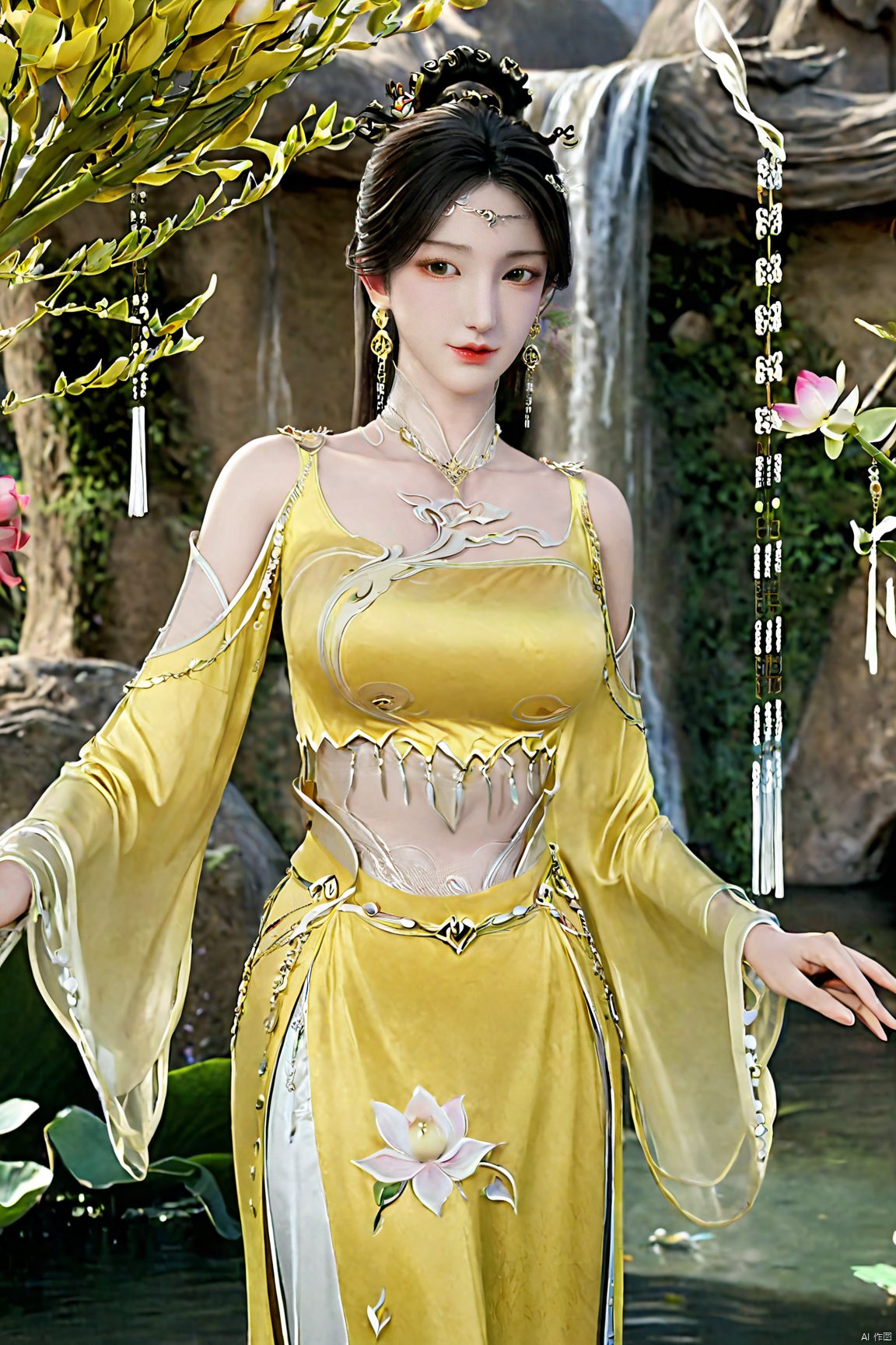 masterpiece,(best quality),official art,(extremely delicate and beautiful),solo,(yellow chinese clothes,yellow dress,bare shoulders,frilled collar,earrings,long sleeves),1girl,solo,black hair,facial mark,forehead mark,hair bun,hair ornament,hair stick,jewelry,long hair,,adfxx,,Xjinpinger,(big breasts:1.79),(flowers,Waterfall, lotus, willow, butterfly:1.23)