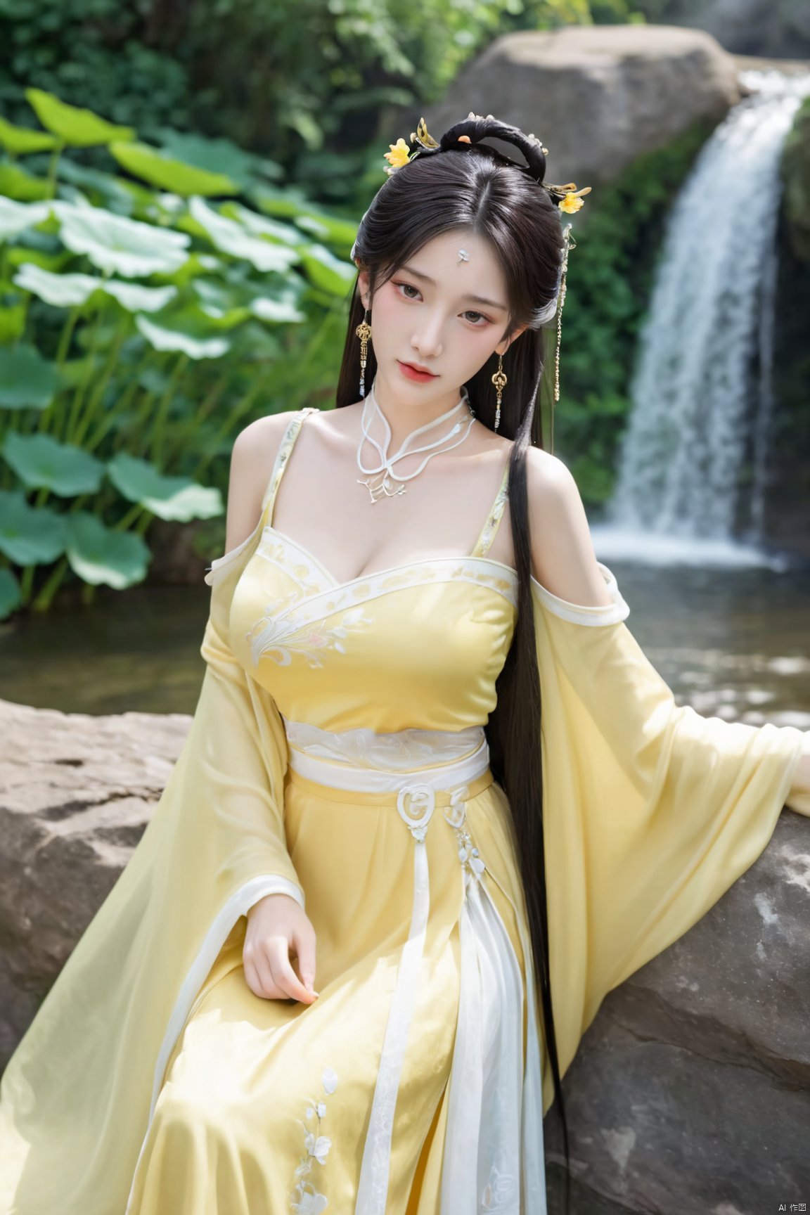 masterpiece,(best quality),official art,(extremely delicate and beautiful),solo,(yellow chinese clothes,yellow dress,bare shoulders,frilled collar,earrings,long sleeves),1girl,solo,black hair,facial mark,forehead mark,hair bun,hair ornament,hair stick,jewelry,long hair,,adfxx,,Xjinpinger,(big breasts:1.59),flowers,Waterfall, lotus, willow, butterfly