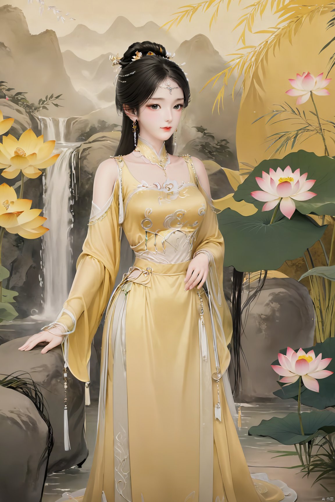 masterpiece,(best quality),official art,(extremely delicate and beautiful),solo,(yellow chinese clothes,yellow dress,bare shoulders,frilled collar,earrings,long sleeves),1girl,solo,black hair,facial mark,forehead mark,hair bun,hair ornament,hair stick,jewelry,long hair,,adfxx,,Xjinpinger,(big breasts:1.79),(flowers,Waterfall, lotus, willow, butterfly:1.23)