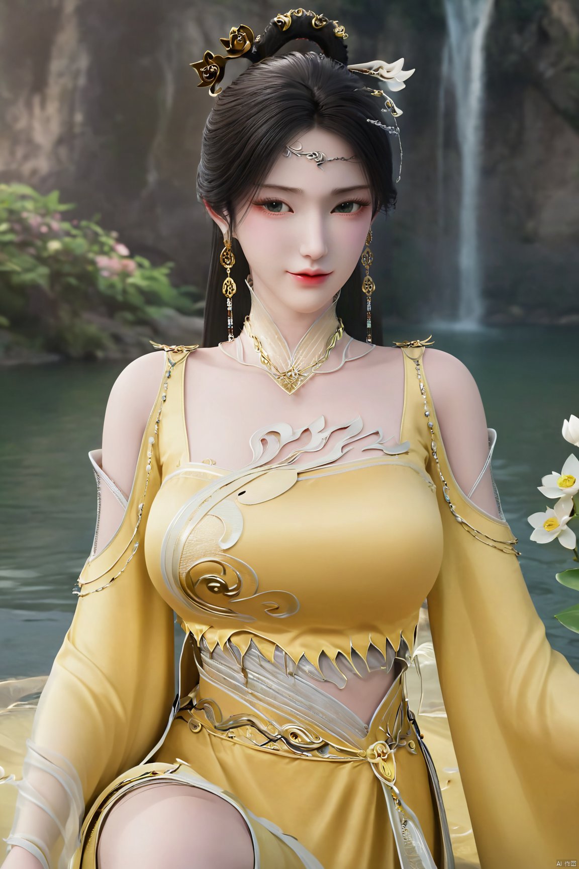 masterpiece,(best quality),official art,(extremely delicate and beautiful),solo,(yellow chinese clothes,yellow dress,bare shoulders,frilled collar,earrings,long sleeves),1girl,solo,black hair,facial mark,forehead mark,hair bun,hair ornament,hair stick,jewelry,long hair,,adfxx,,Xjinpinger,(big breasts:1.79),(flowers,Waterfall, lotus, willow, butterfly:1.23)