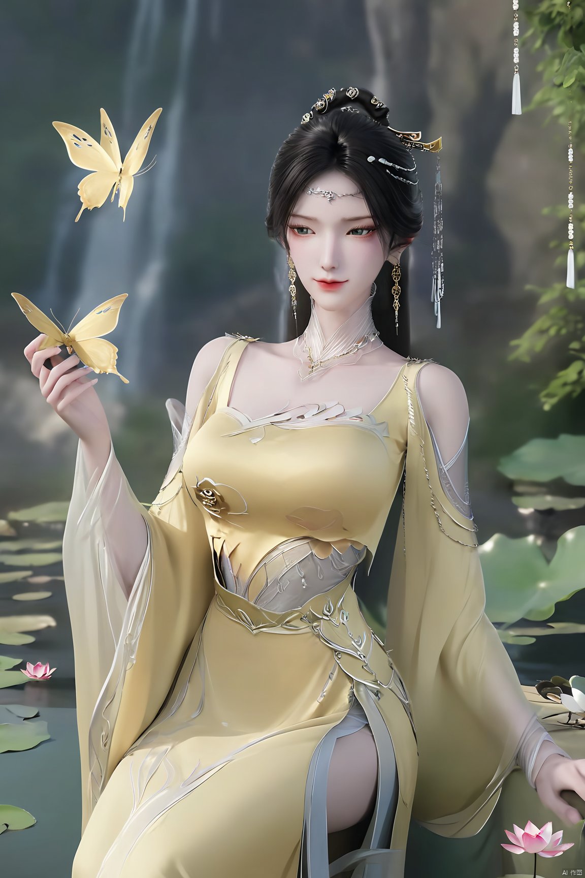 masterpiece,(best quality),official art,(extremely delicate and beautiful),solo,(yellow chinese clothes,yellow dress,bare shoulders,frilled collar,earrings,long sleeves),1girl,solo,black hair,facial mark,forehead mark,hair bun,hair ornament,hair stick,jewelry,long hair,,adfxx,,Xjinpinger,(big breasts:1.59),flowers,Waterfall, lotus, willow, butterfly