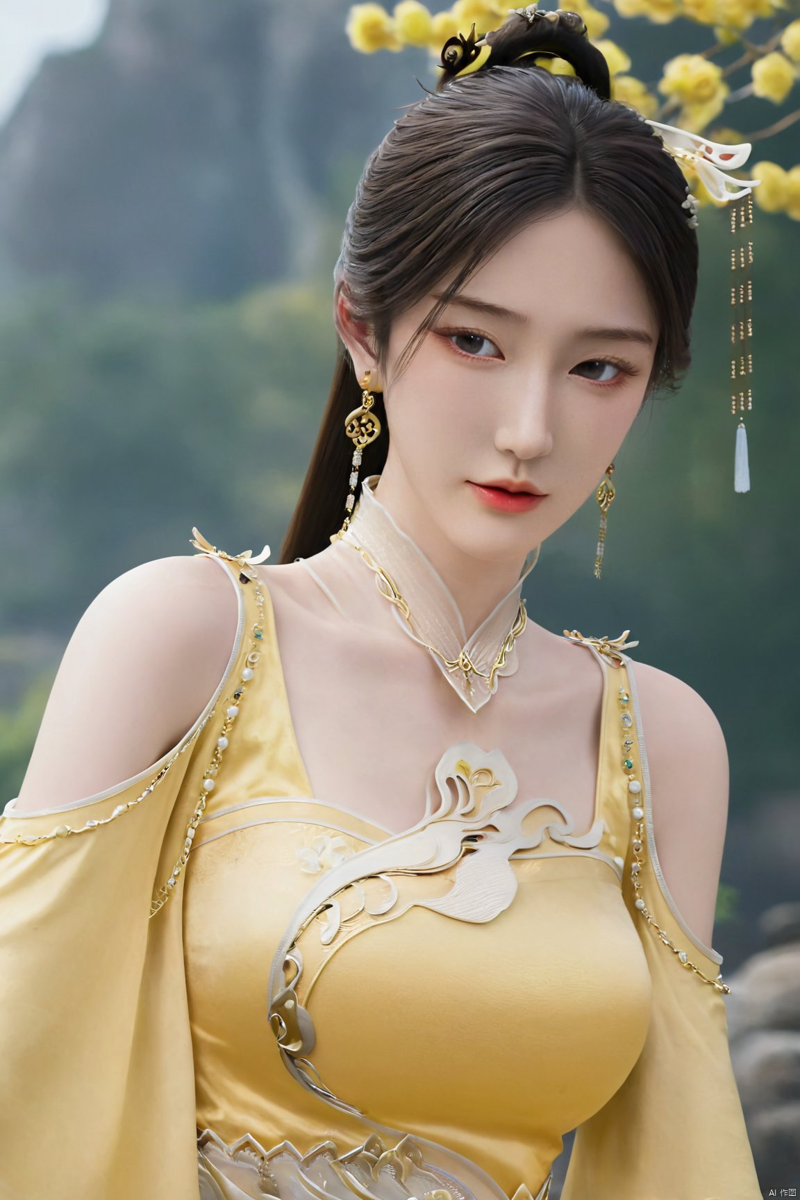 masterpiece,(best quality),official art,(extremely delicate and beautiful),solo,(yellow chinese clothes,yellow dress,bare shoulders,frilled collar,earrings,long sleeves),1girl,solo,black hair,facial mark,forehead mark,hair bun,hair ornament,hair stick,jewelry,long hair,,adfxx,,Xjinpinger,(big breasts:1.79),(flowers,Waterfall, lotus, willow, butterfly:1.23)