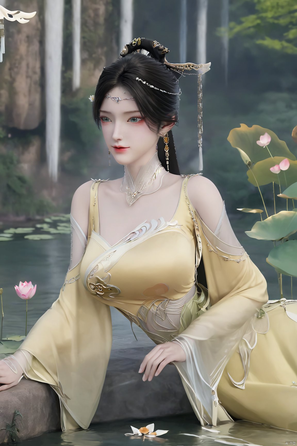 masterpiece,(best quality),official art,(extremely delicate and beautiful),solo,(yellow chinese clothes,yellow dress,bare shoulders,frilled collar,earrings,long sleeves),1girl,solo,black hair,facial mark,forehead mark,hair bun,hair ornament,hair stick,jewelry,long hair,,adfxx,,Xjinpinger,(big breasts:1.59),flowers,Waterfall, lotus, willow, butterfly