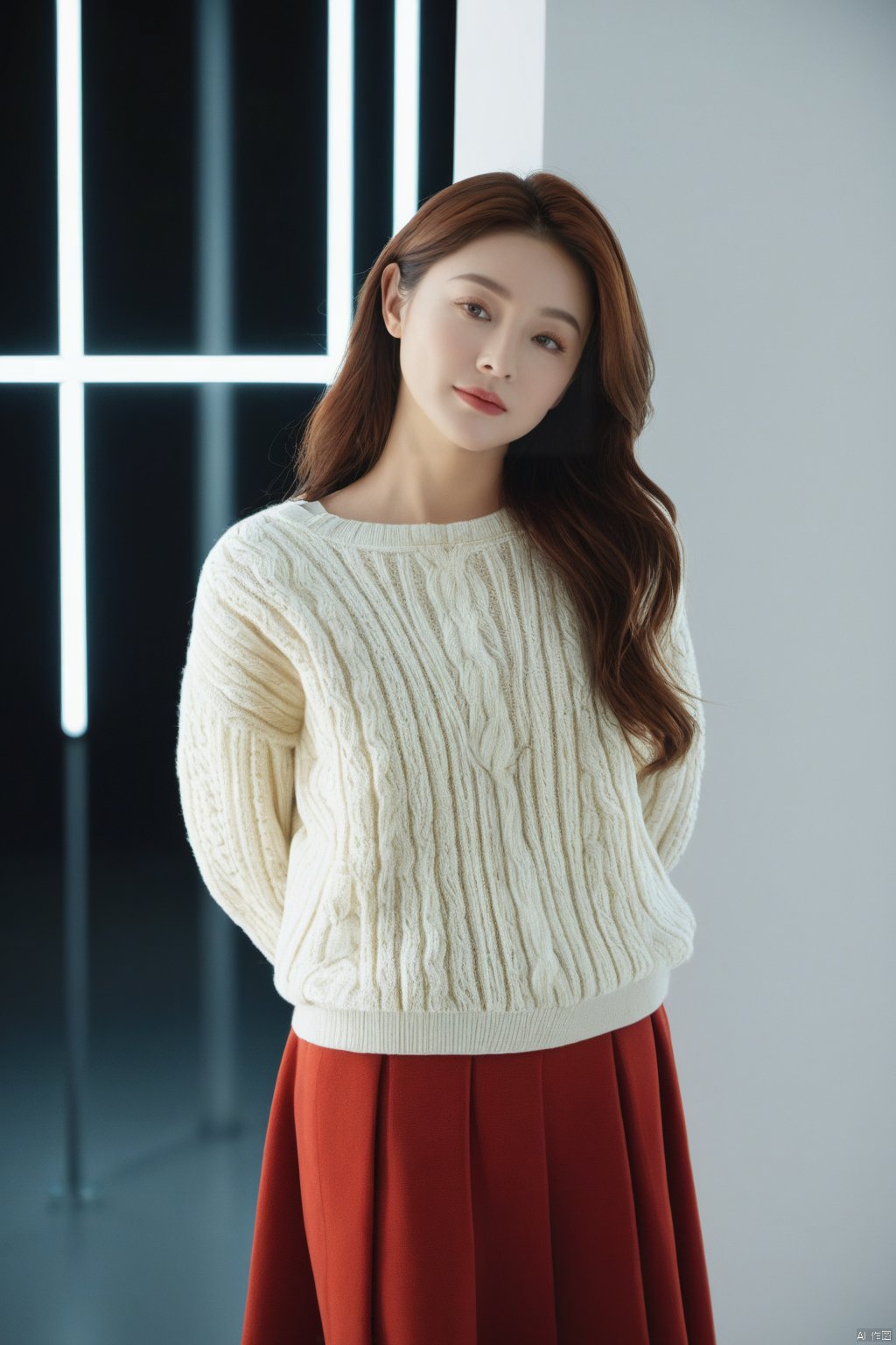 (1girl:1.3), (best quality, masterpiece, ultra high resolution),(photorealistic:1.3), (realistic:1.3), depth of field,(full body:1.2), (day:1.2), (cinematic lighting:1.2),  sweater