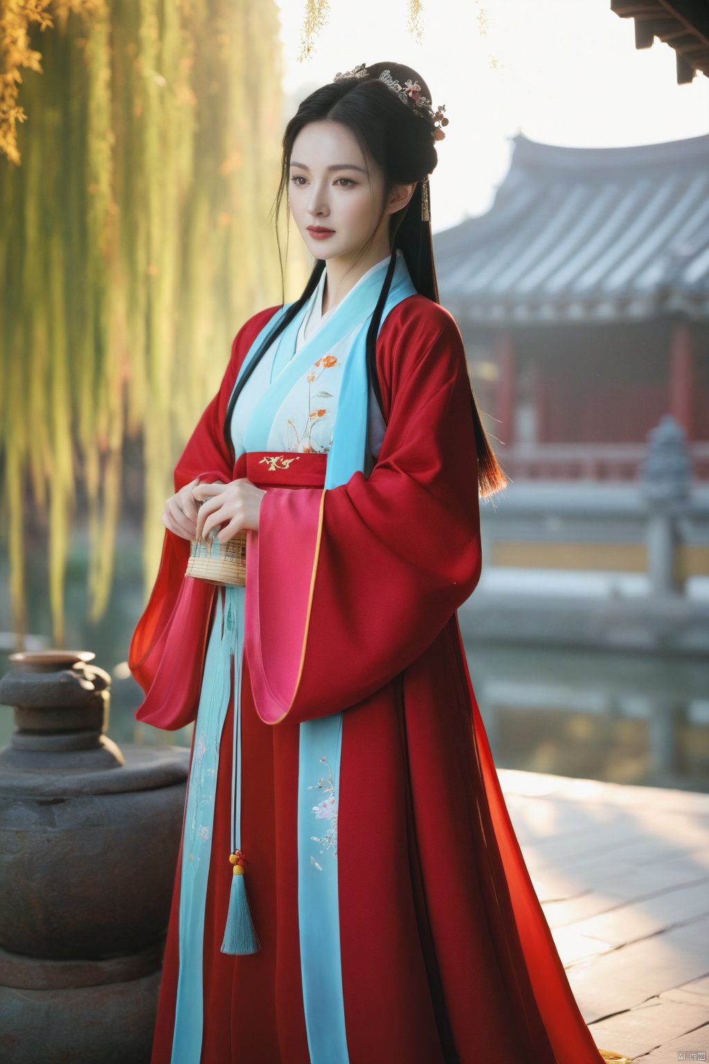 (1girl:1.3), (best quality, masterpiece, ultra high resolution),(photorealistic:1.3), (realistic:1.3), depth of field,(full body:1.2), (day:1.2), (cinematic lighting:1.2),  hanfu