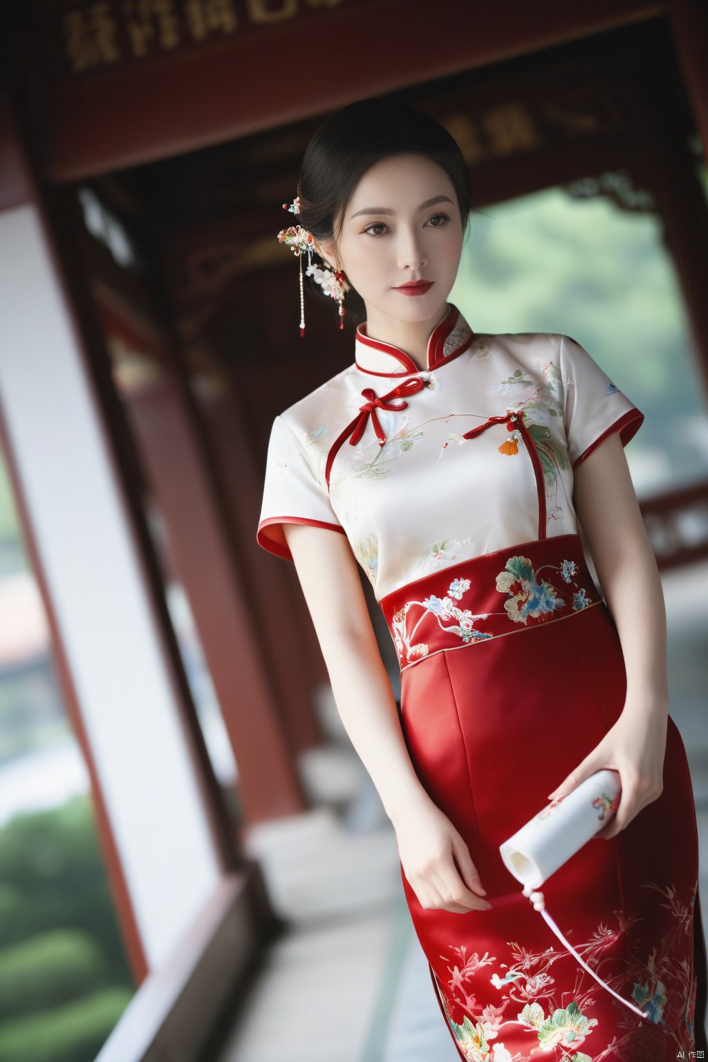 (1girl:1.3), (best quality, masterpiece, ultra high resolution),(photorealistic:1.3), (realistic:1.3), depth of field,(full body:1.2), (day:1.2), (cinematic lighting:1.2),  qipao