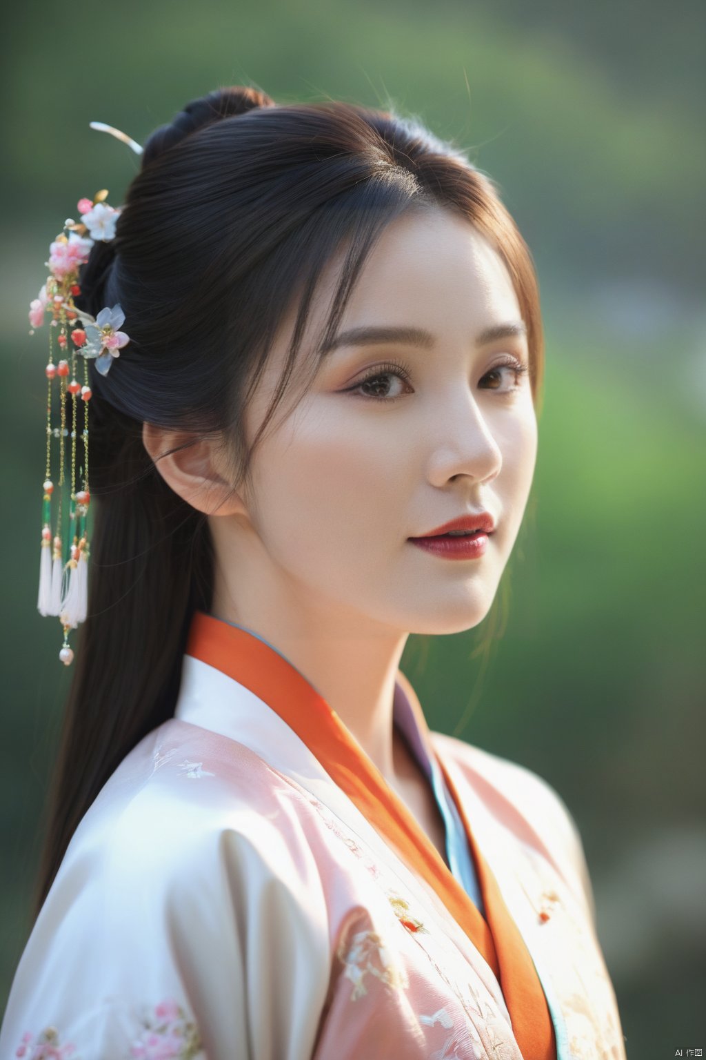 (1girl:1.3),(best quality, masterpiece, ultra-high resolution, 4K, HDR, UHD, 64K, official art), (photorealistic:1.3), (realistic:1.3), depth of field, (portrait:1.3),(sfw:1.4), hanfu