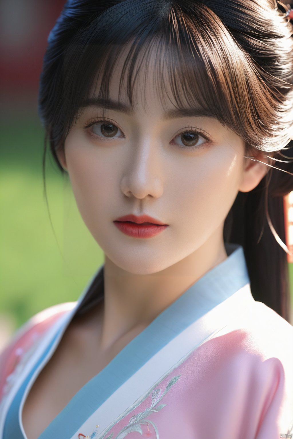 (global illumination, reality,ray tracing, HDR, unreal rendering, reasonable design, high detail, masterpiece,best quality, ultra high definition, movie lighting),
1girl,outdoor,looking_at_viewer,side_blunt_bangs,big breasts,pose,solo,1girl,black hair,black eyes,hanfu,