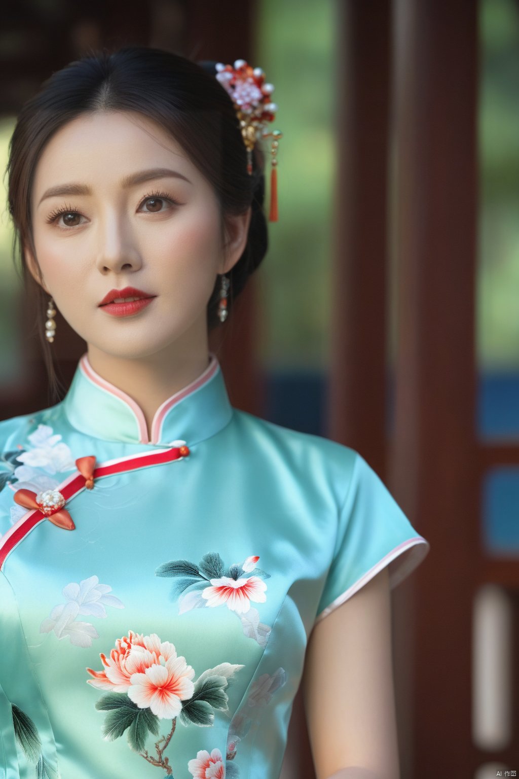 (1girl:1.3),(best quality, masterpiece, ultra-high resolution, 4K, HDR, UHD, 64K, official art), (photorealistic:1.3), (realistic:1.3), depth of field, (portrait:1.3),(sfw:1.4), (qipao:1.4)