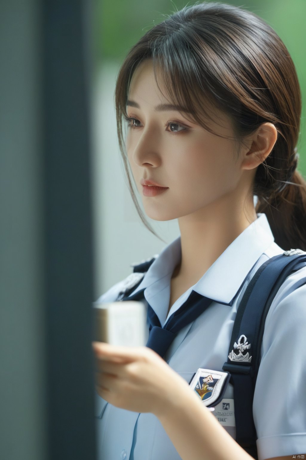 (1girl:1.3), (best quality, masterpiece, ultra high resolution),(photorealistic:1.3), (realistic:1.3), depth of field,(full body:1.2), (day:1.2), (cinematic lighting:1.2),  uniform, OL