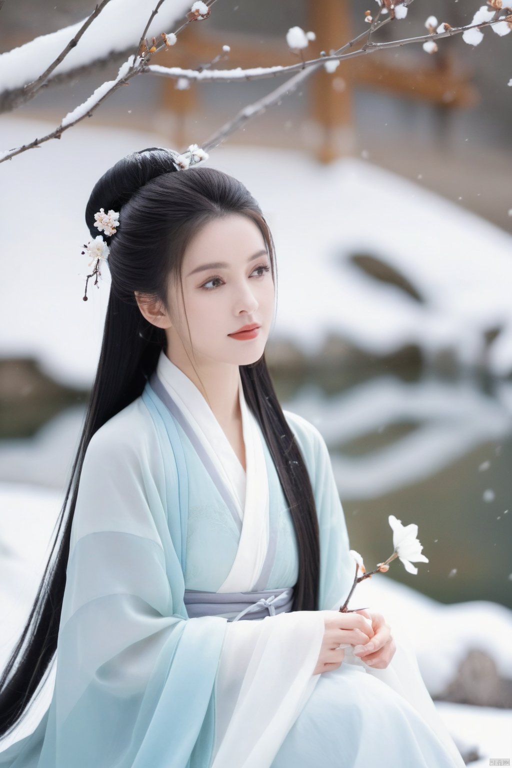 1girl,long hair,face to the view,close up,looking at viewer,long dress,clothes flowing,zen atmosphere,white background,sitting,silver long hair,white air ornament,white hair bun,white flower,white tree,outdoors,snow,single hair bun,wide sleeves,bare tree,watermark,holding,holding flower,long sleeves,robe,hair pulled back,day,novel illustration,
high quality,8K,snow hanfu,hanfu,