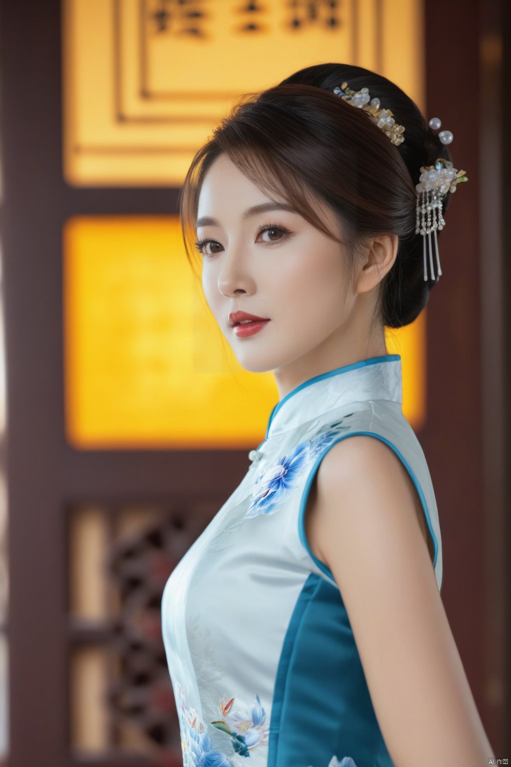 (1girl:1.3),(best quality, masterpiece, ultra-high resolution, 4K, HDR, UHD, 64K, official art), (photorealistic:1.3), (realistic:1.3), depth of field, (portrait:1.3),(sfw:1.4), qipao