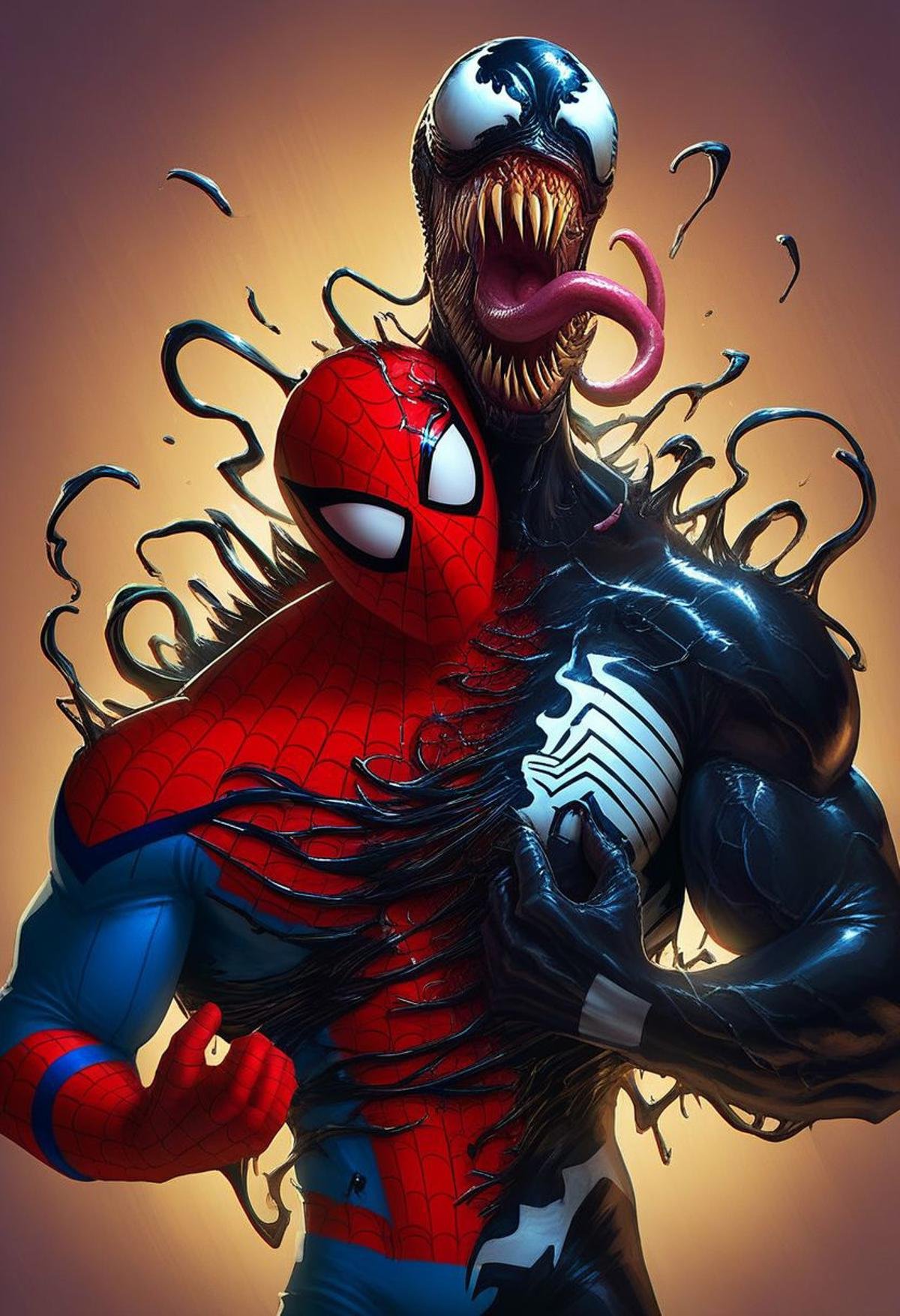 score_9, score_8_up, score_7_up, score_6_up, venom_assimilation, dehumanization, transformation, black slime (substance), 1boy, spider-man, appendage, razor-sharp teeth, muscular male