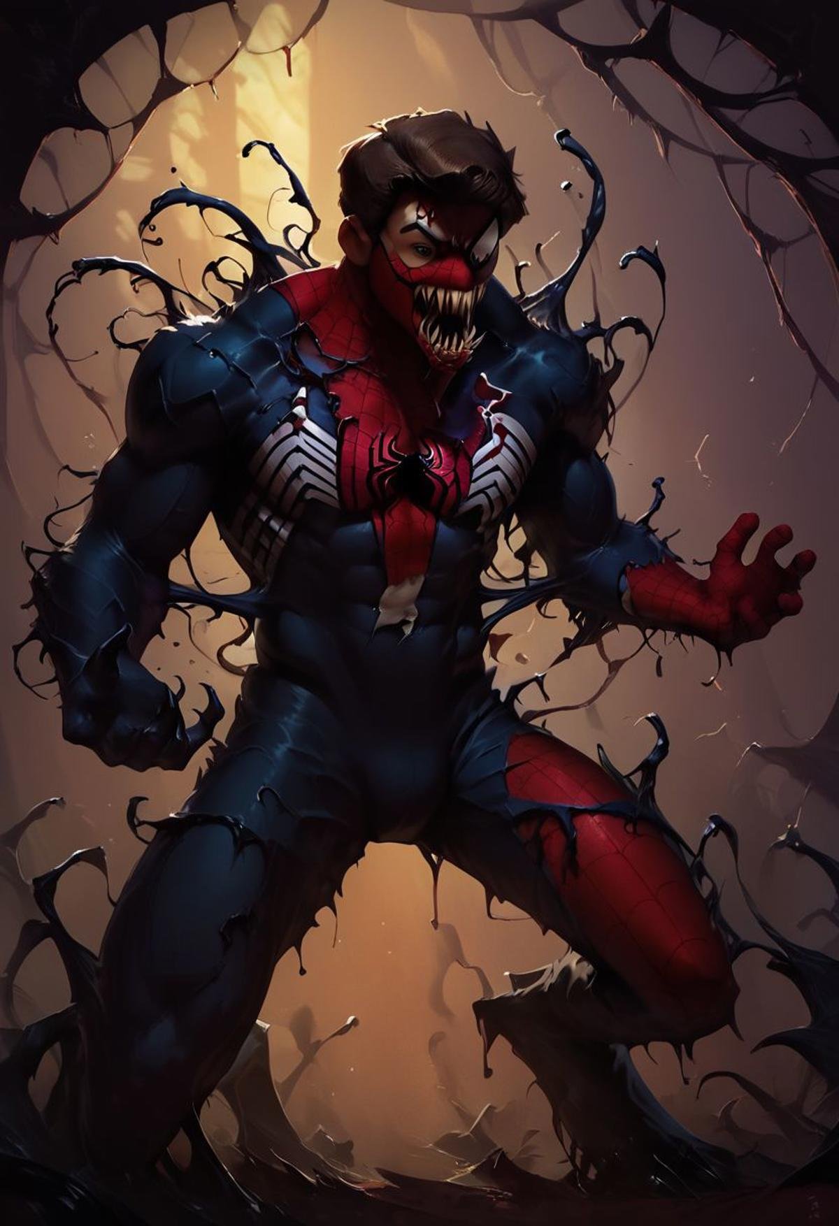 score_9, score_8_up, score_7_up, score_6_up, venom_assimilation, dehumanization, transformation, black slime (substance), 1boy, torn spider-man costumes, unmasked, brown hair, merging, absorption, horror, interspecies, corruption,  black goo, concept art, realistic, dark theme, low light