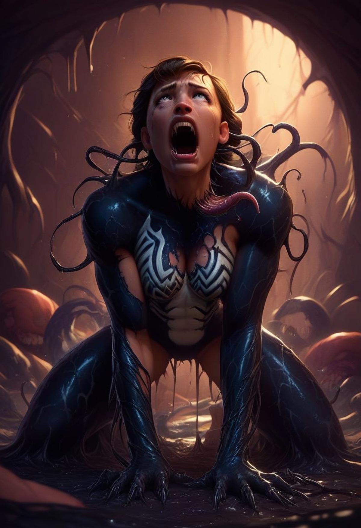 score_9, score_8_up, score_7_up, score_6_up, rating_questionable, 1girl, brown hair, grey eyes, venom_assimilation, transformation, black slime (substance), cohesive tentacles, mucus, on all fours, screaming, agony, 2 heads, venom head, slime hive, vfx