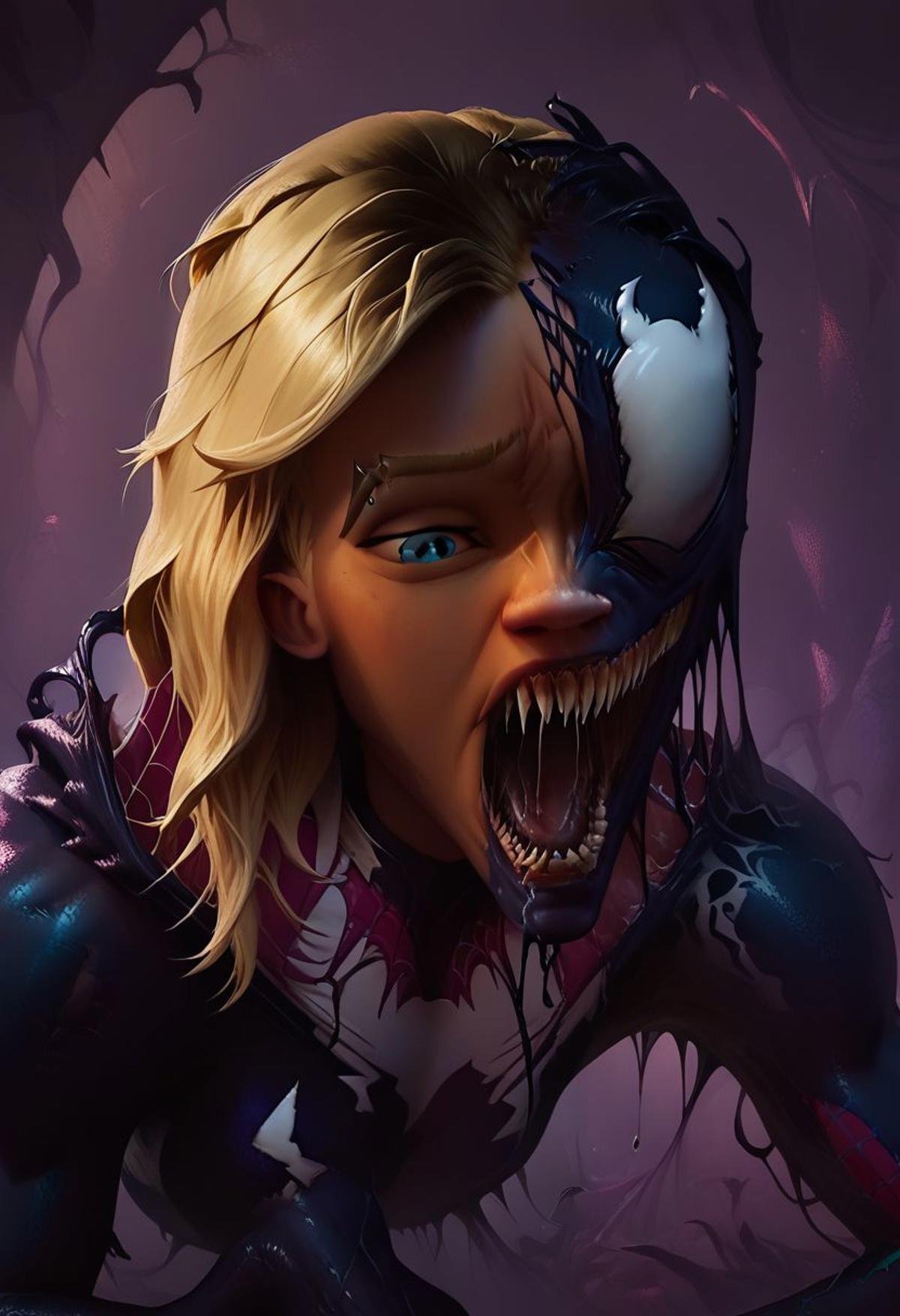 score_9, score_8_up, score_7_up, score_6_up, venom_assimilation, black slime (substance), g_s, 1girl, blonde, blue eyes, superhero suit, unmasked, monster girl, saliva, agony, merging, absorption, corruption, shevenom, black goo, concept art, realistic, dark theme, low light