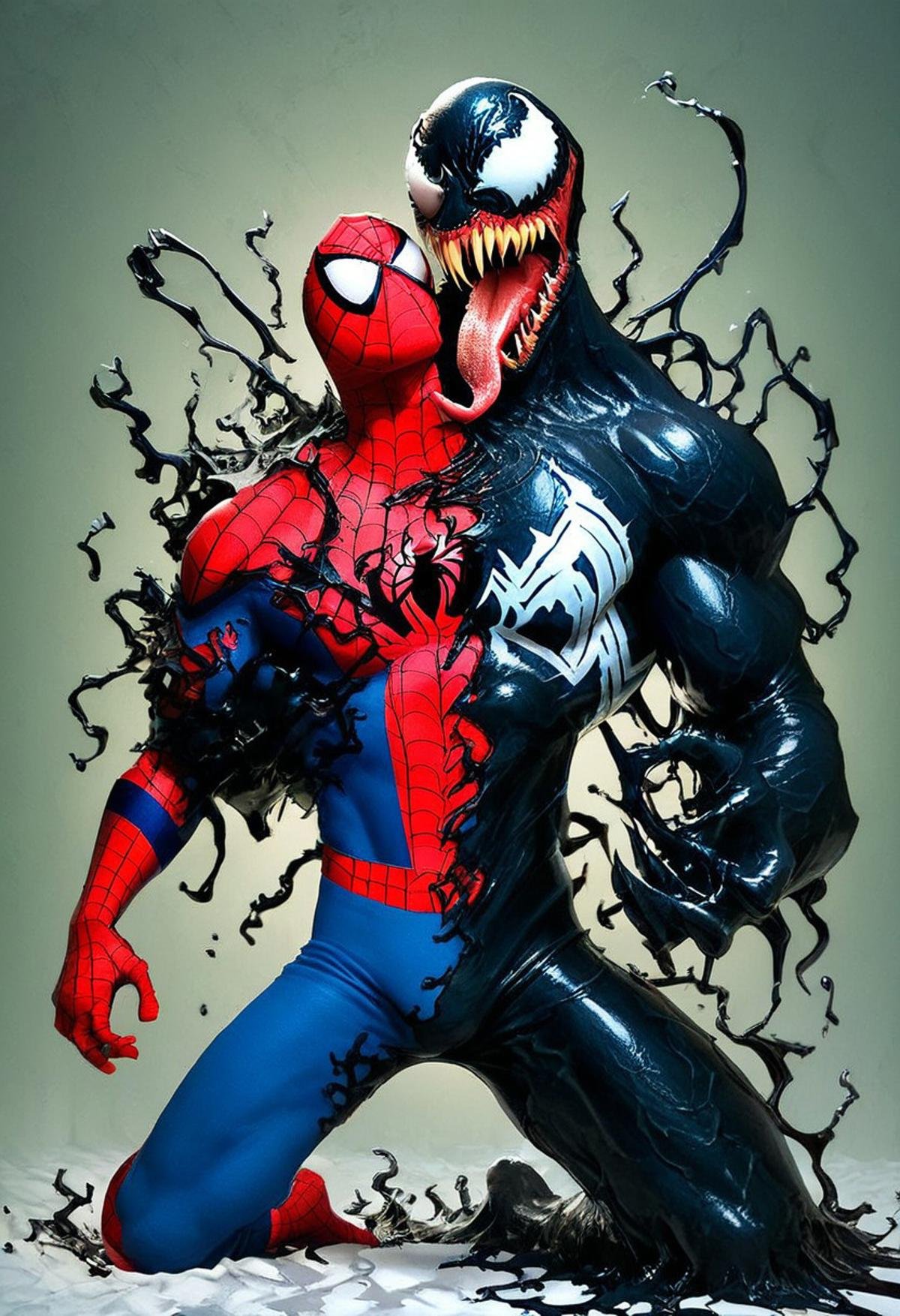 zPDXL2, score_9, score_8_up, score_7_up, score_6_up, venom_assimilation, transformation, black slime (substance), 2boys, venom, spider-man, appendage, razor-sharp teeth, muscular male, tongue out, absorption, corruption, merging