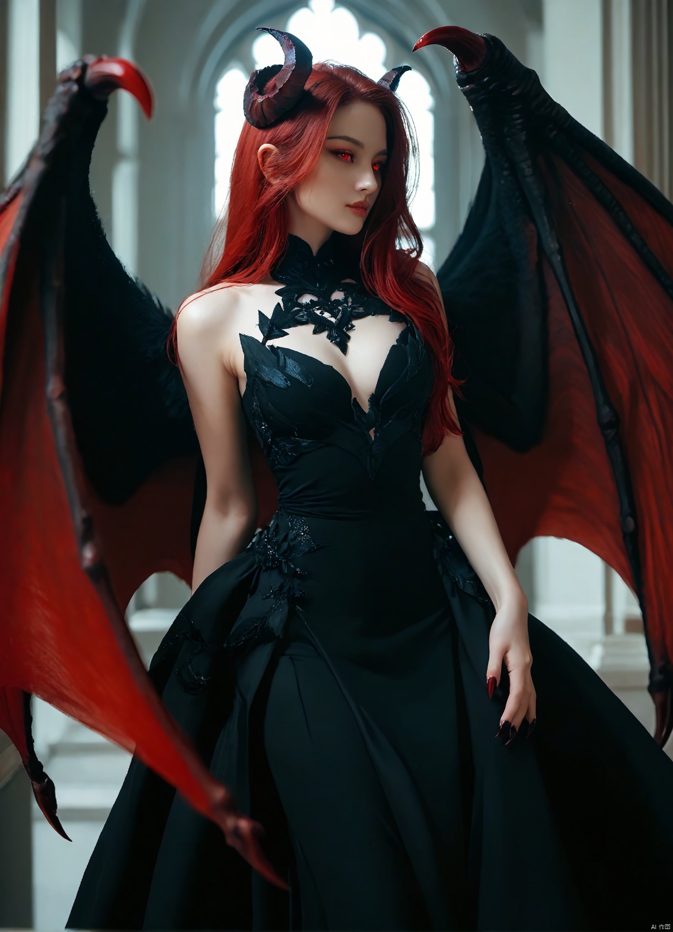 (score_9,score_8_up,score_7_up),1girl, girl demon, red hair, red eyes, wings, claws, black dress, beautiful_face