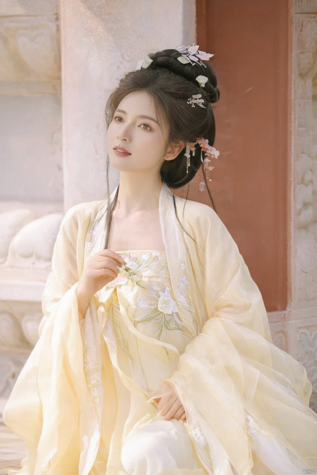 girl,long hair,face to the view,close up,looking at viewer,long dress,clothes flowing,zen atmosphere,white background,sitting,silver long hair,white air ornament,white hair bun,white flower,white tree,outdoors,snow,single hair bun,wide sleeves,bare tree,watermark,holding,holding flower,long sleeves,robe,hair pulled back,day,novel illustration, high quality,8K,snow hanfu,hanfu,