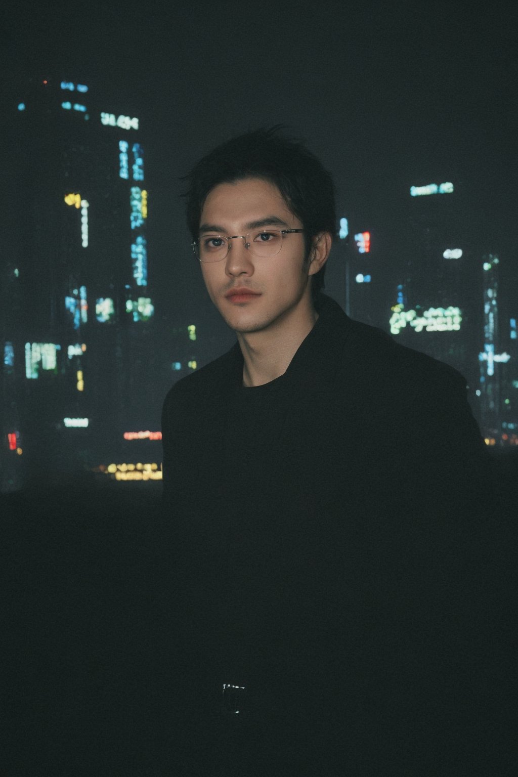 professional photography, HDR, UHD, 64K, perfect composition, natural lighting, handsome ,asina man,  realistic ,glasses ,stubble , Asian man,flashlight, cityscape,full_body