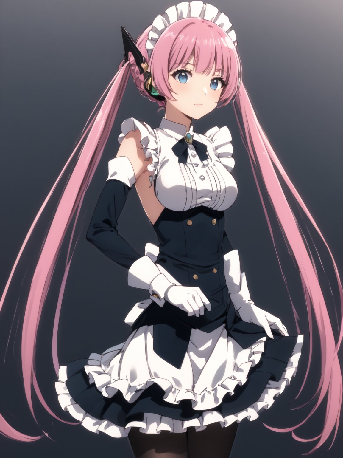 masterpiece, best quality, 8k, 8k UHD, ultra-high resolution, ultra-high definition, highres
,//Character, 
1girl, solo,
,//Fashion, 

,//Background, white_background
,//Others, ,Expressiveh,
Rose_Isekaimaou, long hair, pink hair, twintails, blue eyes, maid, maid headdress, detached sleeves, dress, frills, apron, black pantyhose, white gloves