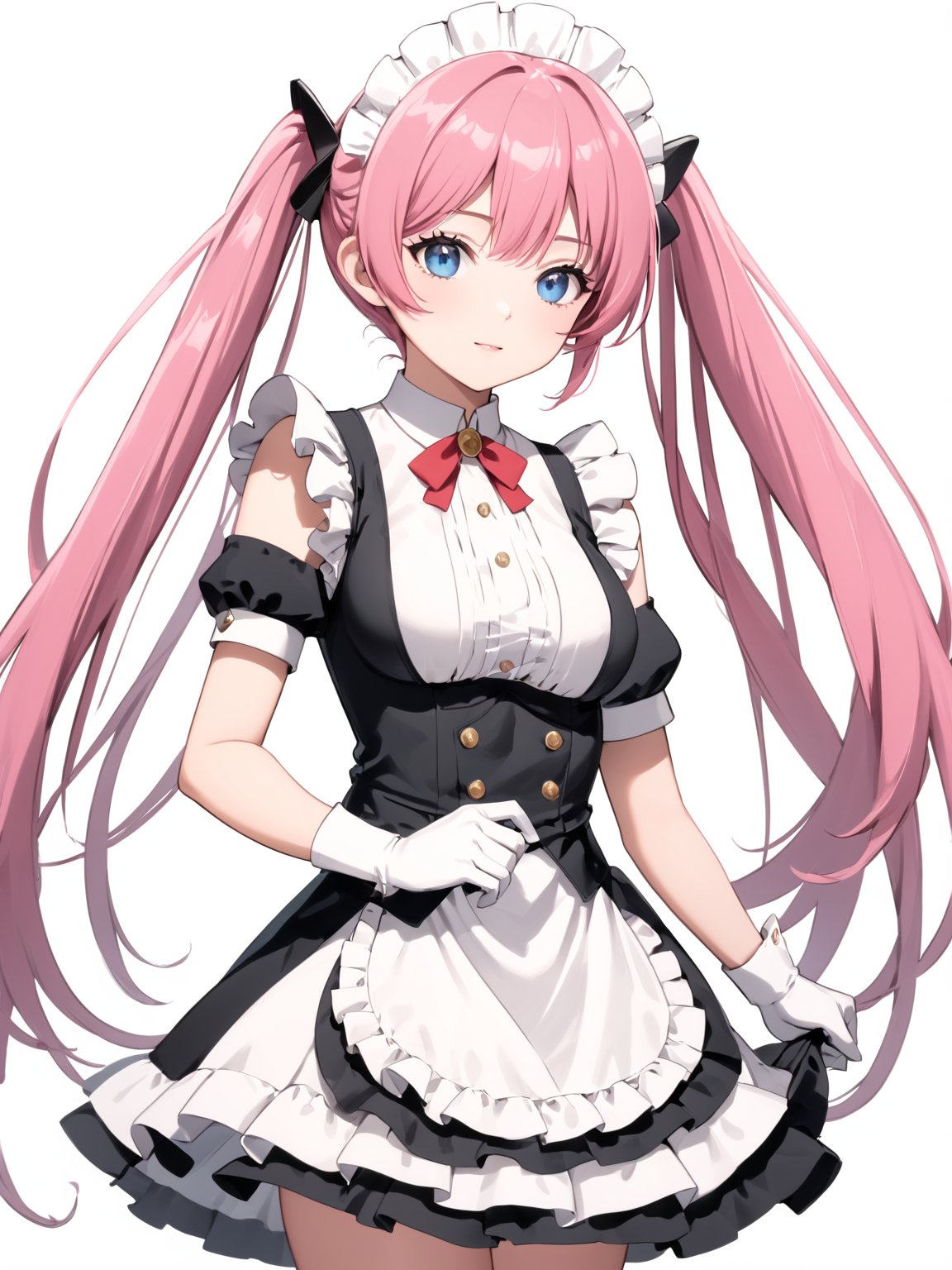 masterpiece, best quality, 8k, 8k UHD, ultra-high resolution, ultra-high definition, highres
,//Character, 
1girl, solo,
,//Fashion, 

,//Background, white_background
,//Others, ,Expressiveh,
Rose_Isekaimaou, long hair, pink hair, twintails, blue eyes, maid, maid headdress, detached sleeves, dress, frills, apron, black pantyhose, white gloves