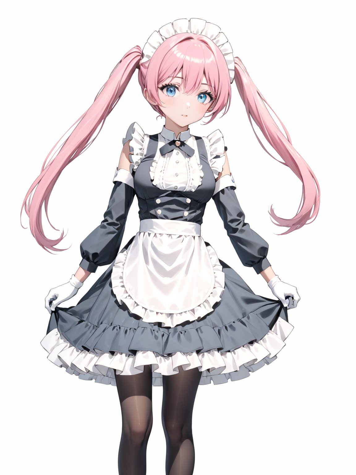 masterpiece, best quality, 8k, 8k UHD, ultra-high resolution, ultra-high definition, highres
,//Character, 
1girl, solo,
,//Fashion, 

,//Background, white_background
,//Others, ,Expressiveh,
Rose_Isekaimaou, long hair, pink hair, twintails, blue eyes, maid, maid headdress, detached sleeves, dress, frills, apron, black pantyhose, white gloves