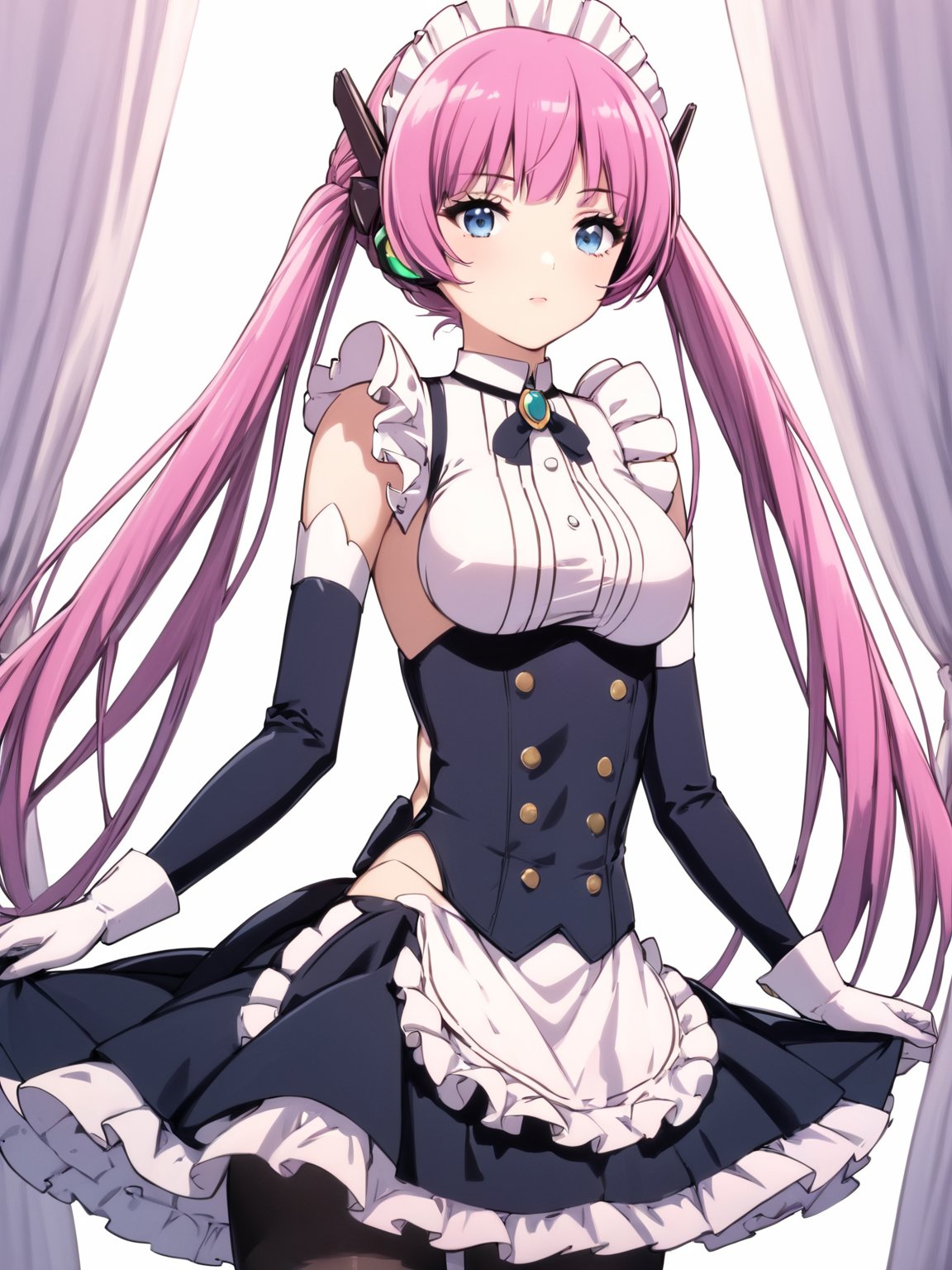 masterpiece, best quality, 8k, 8k UHD, ultra-high resolution, ultra-high definition, highres
,//Character, 
1girl, solo,
,//Fashion, 

,//Background, white_background
,//Others, ,Expressiveh,
Rose_Isekaimaou, long hair, pink hair, twintails, blue eyes, maid, maid headdress, detached sleeves, dress, frills, apron, black pantyhose, white gloves