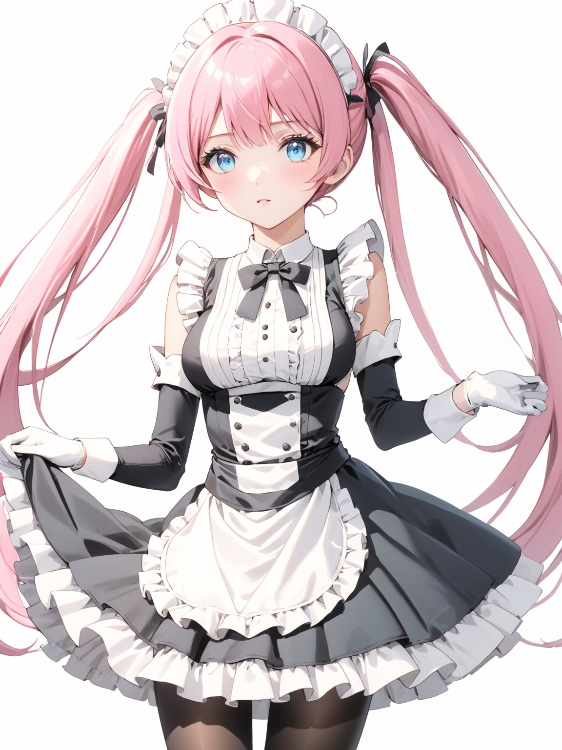 masterpiece, best quality, 8k, 8k UHD, ultra-high resolution, ultra-high definition, highres
,//Character, 
1girl, solo,
,//Fashion, 

,//Background, white_background
,//Others, ,Expressiveh,
Rose_Isekaimaou, long hair, pink hair, twintails, blue eyes, maid, maid headdress, detached sleeves, dress, frills, apron, black pantyhose, white gloves