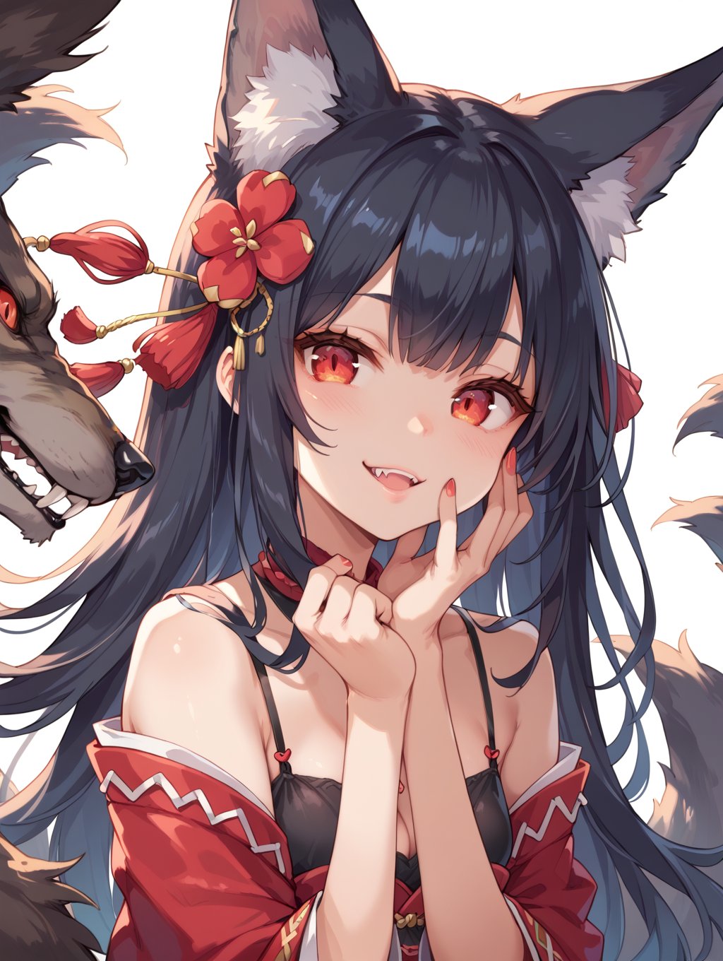 score_9, score_8_up, score_7_up,perfect eyes, kitsune, werewolf, red eyes, black skin, pretty girl, cute girl, teasing