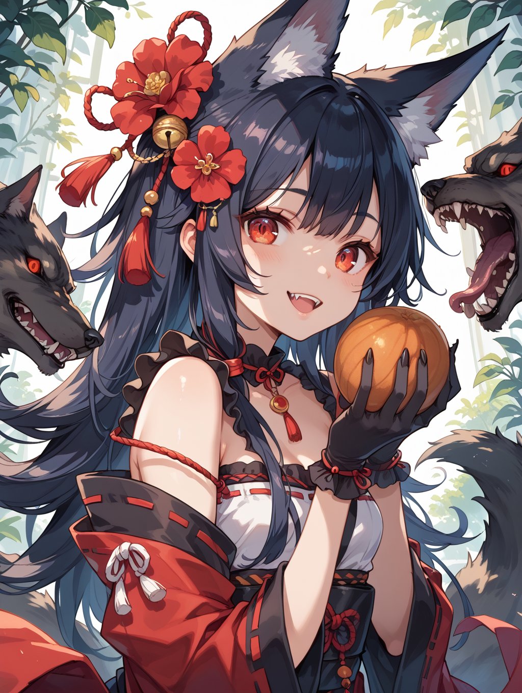 score_9, score_8_up, score_7_up,perfect eyes, kitsune, werewolf, red eyes, black skin, pretty girl, cute girl, teasing