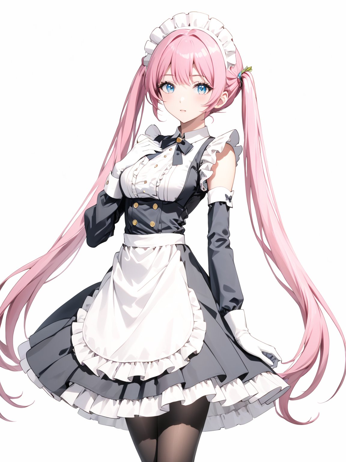 masterpiece, best quality, 8k, 8k UHD, ultra-high resolution, ultra-high definition, highres
,//Character, 
1girl, solo,
,//Fashion, 

,//Background, white_background
,//Others, ,Expressiveh,
Rose_Isekaimaou, long hair, pink hair, twintails, blue eyes, maid, maid headdress, detached sleeves, dress, frills, apron, black pantyhose, white gloves