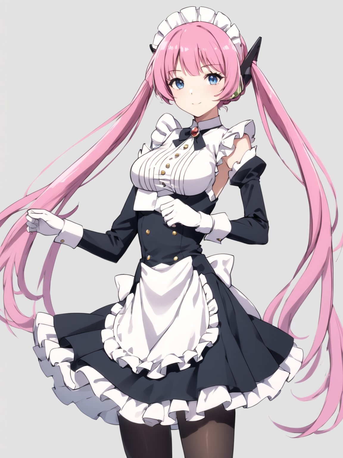 masterpiece, best quality, 8k, 8k UHD, ultra-high resolution, ultra-high definition, highres
,//Character, 
1girl, solo,
,//Fashion, 

,//Background, white_background
,//Others, ,Expressiveh,
Rose_Isekaimaou, long hair, pink hair, twintails, blue eyes, maid, maid headdress, detached sleeves, dress, frills, apron, black pantyhose, white gloves