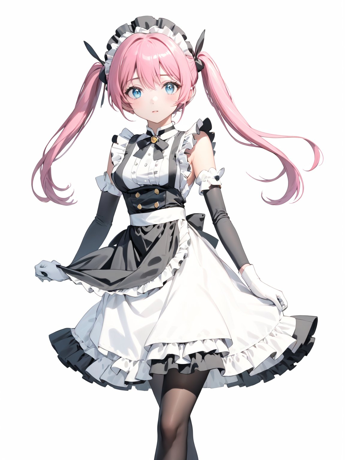 masterpiece, best quality, 8k, 8k UHD, ultra-high resolution, ultra-high definition, highres
,//Character, 
1girl, solo,
,//Fashion, 

,//Background, white_background
,//Others, ,Expressiveh,
Rose_Isekaimaou, long hair, pink hair, twintails, blue eyes, maid, maid headdress, detached sleeves, dress, frills, apron, black pantyhose, white gloves