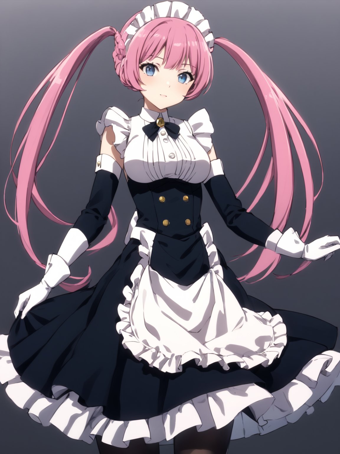 masterpiece, best quality, 8k, 8k UHD, ultra-high resolution, ultra-high definition, highres
,//Character, 
1girl, solo,
,//Fashion, 

,//Background, white_background
,//Others, ,Expressiveh,
Rose_Isekaimaou, long hair, pink hair, twintails, blue eyes, maid, maid headdress, detached sleeves, dress, frills, apron, black pantyhose, white gloves