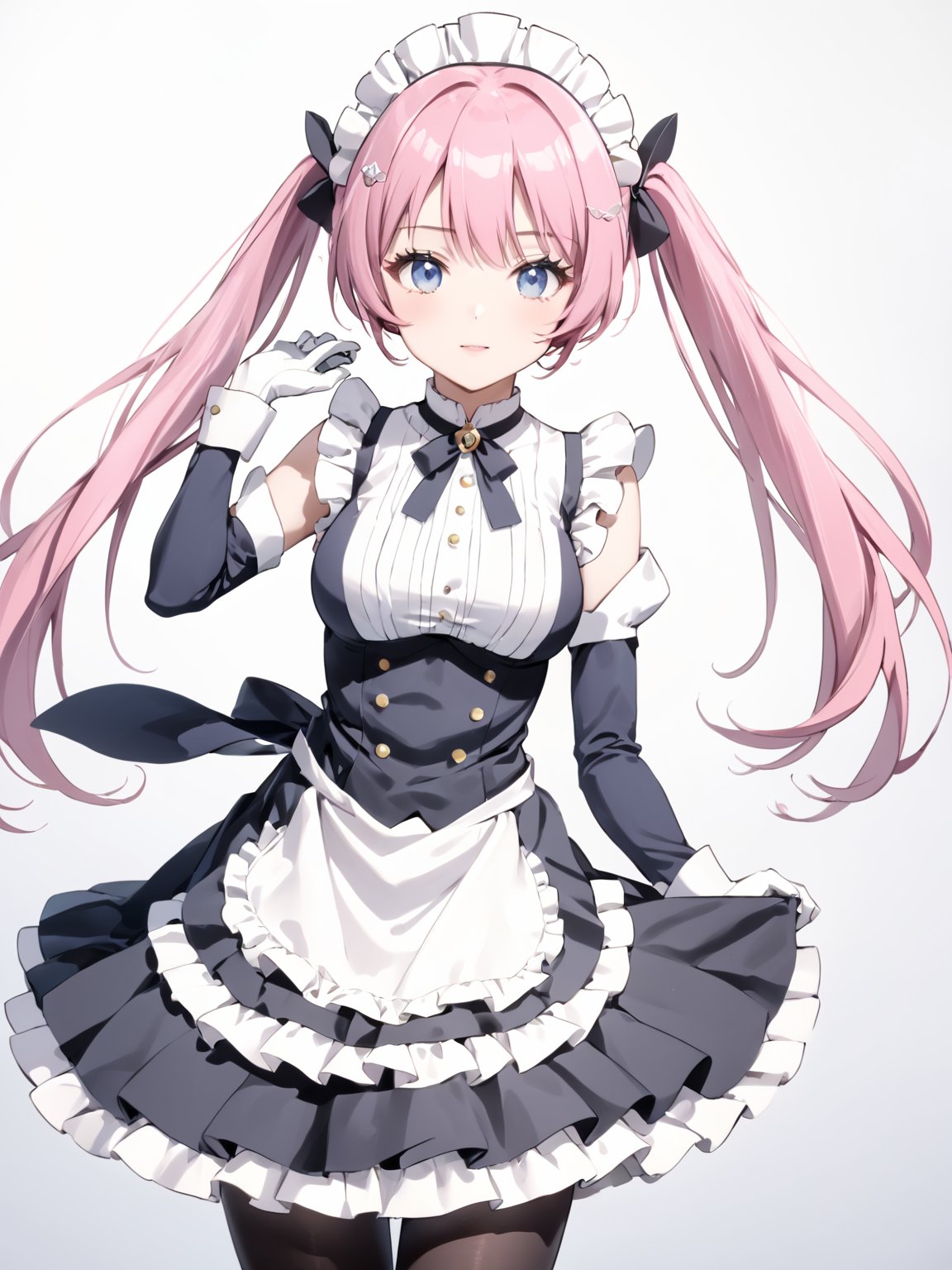 masterpiece, best quality, 8k, 8k UHD, ultra-high resolution, ultra-high definition, highres
,//Character, 
1girl, solo,
,//Fashion, 

,//Background, white_background
,//Others, ,Expressiveh,
Rose_Isekaimaou, long hair, pink hair, twintails, blue eyes, maid, maid headdress, detached sleeves, dress, frills, apron, black pantyhose, white gloves