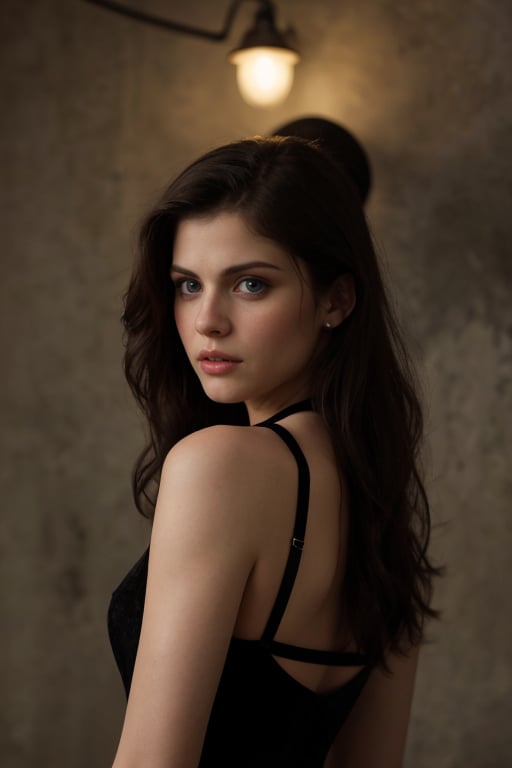 A classic portrait of Alexandra Daddario, with dramatic lighting and a simple background, like a rustic textured wall. Alexandra is wearing a black velvet dress with an elegant neckline and classic makeup with black eyeliner, mascara, and red lipstick. Her gaze is intense and direct at the camera, revealing her strength and beauty. The image has a classic and timeless style, with high-resolution quality and realistic details, as if it were an oil painting.