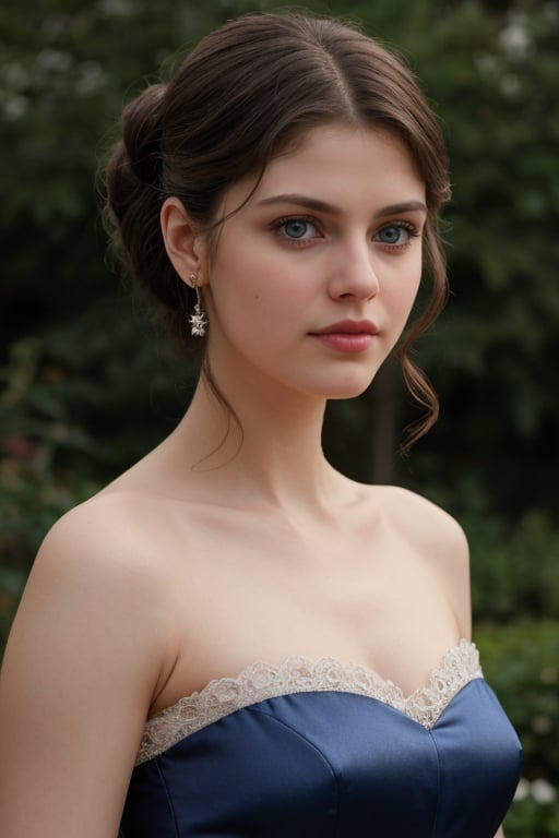 A classic portrait of Alexandra Daddario, with a touch of timeless elegance. The setting is a tranquil and blooming garden, with a blurred background that highlights the actress's beauty. Alexandra is wearing a long blue silk dress, with an elegant neckline and a lace detail. Her hair is pulled back in a high, elegant bun, and her eyes are highlighted with a thin line of black eyeliner and an intense red lipstick. The image has a classic style, focusing on her natural beauty and the harmonious composition of the portrait, conveying a sense of a bygone era. The image should have a cinematic quality, with sharp details and a soft, warm lighting that enhances her features.