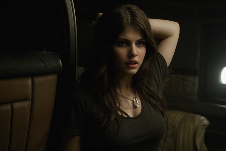 Alexandra Daddario as one of the victims in "Texas Chainsaw 3D", running in a escape scene, with an expression of fear and panic. The image should have a horror style, with a focus on the action of the scene, and the dark setting.