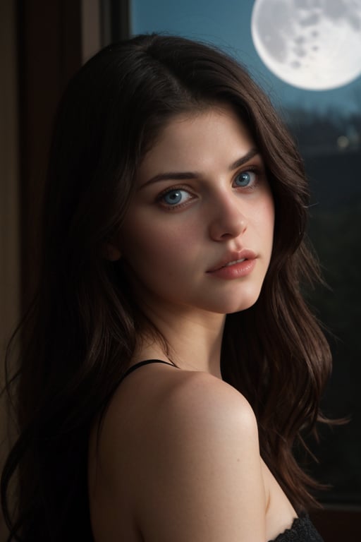 An image of Alexandra Daddario in a mysterious setting, with the reflection of the moon illuminating her face. The image captures the actress's beauty in a context of intrigue and mystery. Alexandra is wearing a simple black dress, with a discreet neckline, and her hair is loose with soft waves. Her eyes are highlighted with a thin line of black eyeliner and dark red lipstick. The image has a cinematic style, focusing on the lighting and the mysterious setting, enhancing the actress's beauty. The image should have a cinematic quality, with sharp details and a soft, warm lighting that enhances her features.