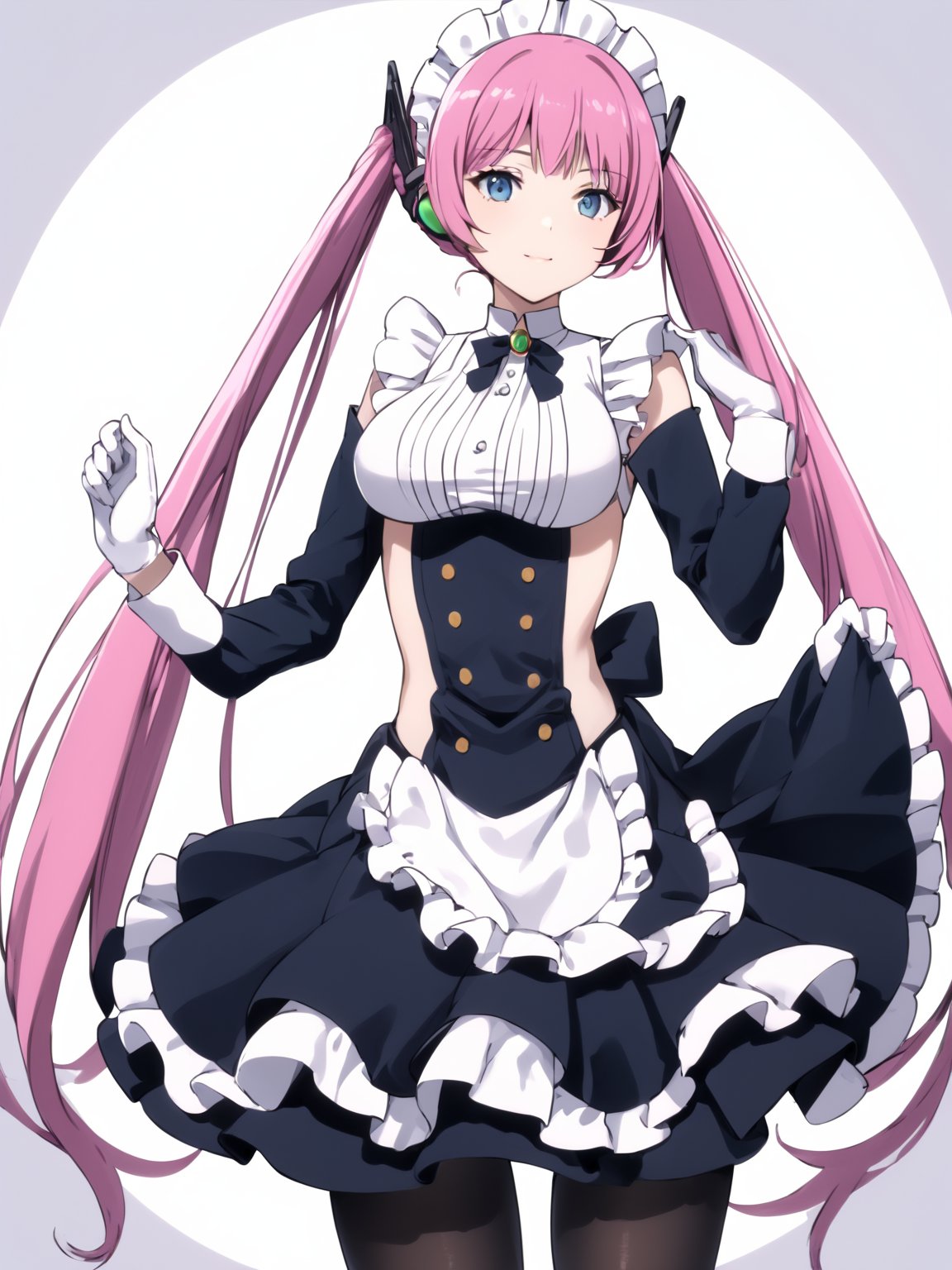 masterpiece, best quality, 8k, 8k UHD, ultra-high resolution, ultra-high definition, highres
,//Character, 
1girl, solo,
,//Fashion, 

,//Background, white_background
,//Others, ,Expressiveh,
Rose_Isekaimaou, long hair, pink hair, twintails, blue eyes, maid, maid headdress, detached sleeves, dress, frills, apron, black pantyhose, white gloves