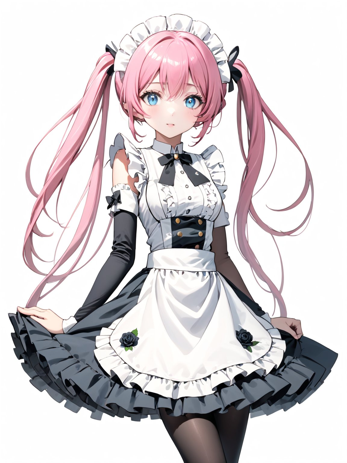 masterpiece, best quality, 8k, 8k UHD, ultra-high resolution, ultra-high definition, highres
,//Character, 
1girl, solo,
,//Fashion, 

,//Background, white_background
,//Others, ,Expressiveh,
Rose_Isekaimaou, long hair, pink hair, twintails, blue eyes, maid, maid headdress, detached sleeves, dress, frills, apron, black pantyhose, white gloves