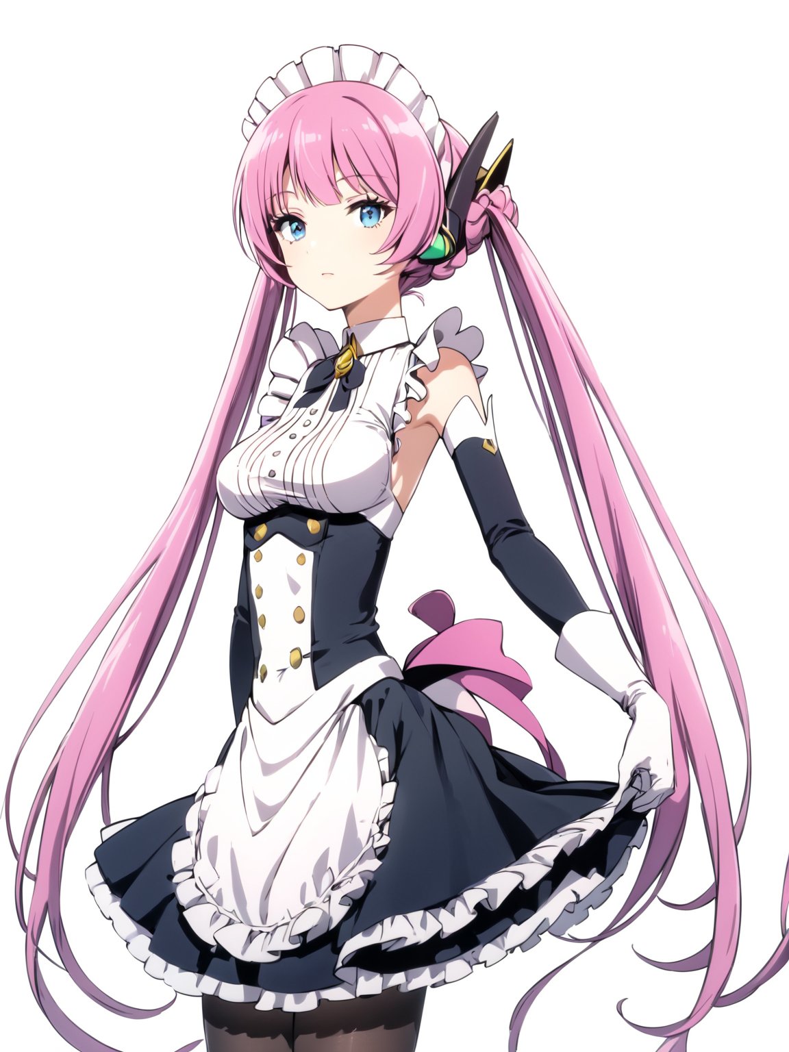 masterpiece, best quality, 8k, 8k UHD, ultra-high resolution, ultra-high definition, highres
,//Character, 
1girl, solo,
,//Fashion, 

,//Background, white_background
,//Others, ,Expressiveh,
Rose_Isekaimaou, long hair, pink hair, twintails, blue eyes, maid, maid headdress, detached sleeves, dress, frills, apron, black pantyhose, white gloves