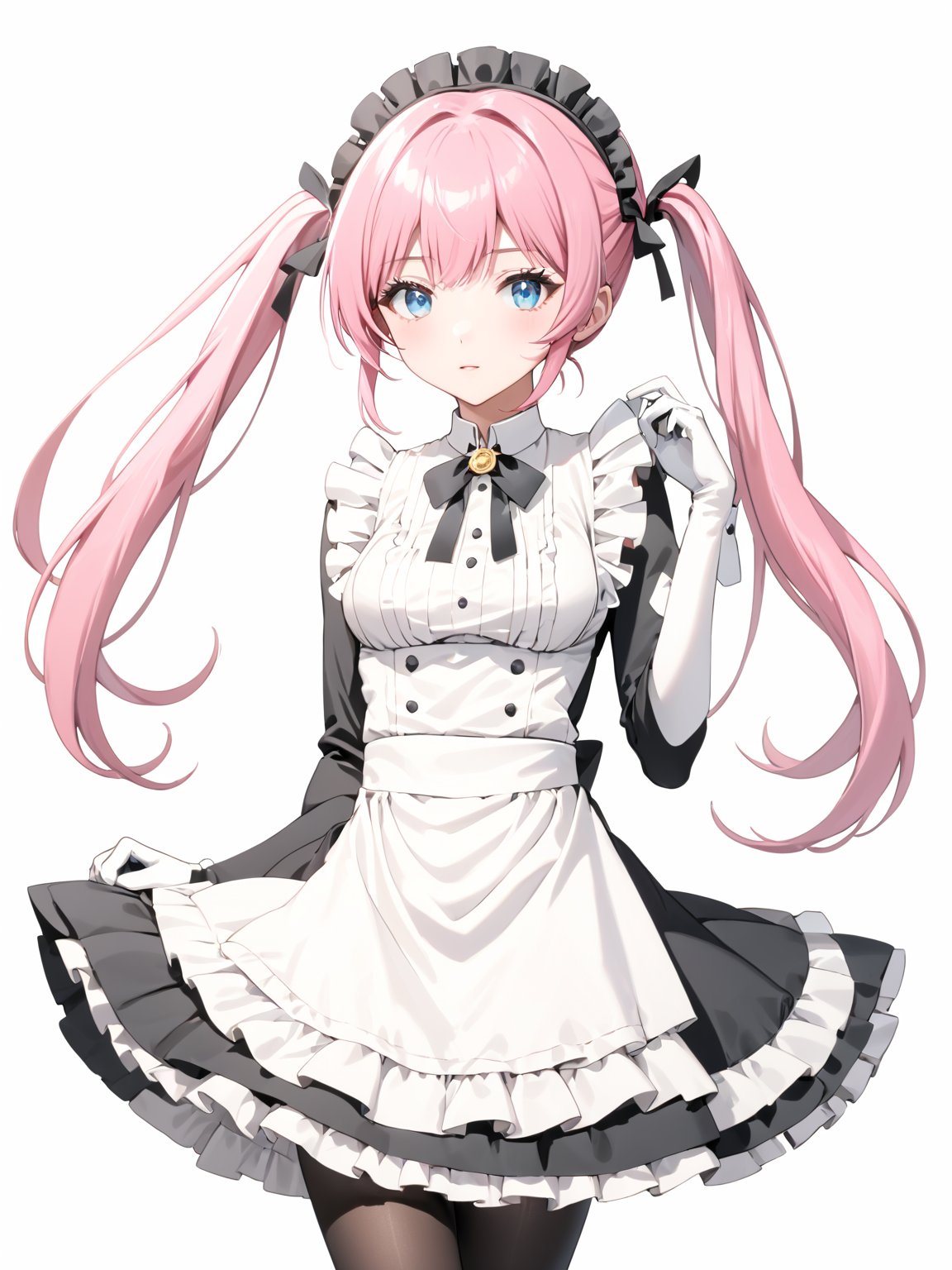 masterpiece, best quality, 8k, 8k UHD, ultra-high resolution, ultra-high definition, highres
,//Character, 
1girl, solo,
,//Fashion, 

,//Background, white_background
,//Others, ,Expressiveh,
Rose_Isekaimaou, long hair, pink hair, twintails, blue eyes, maid, maid headdress, detached sleeves, dress, frills, apron, black pantyhose, white gloves