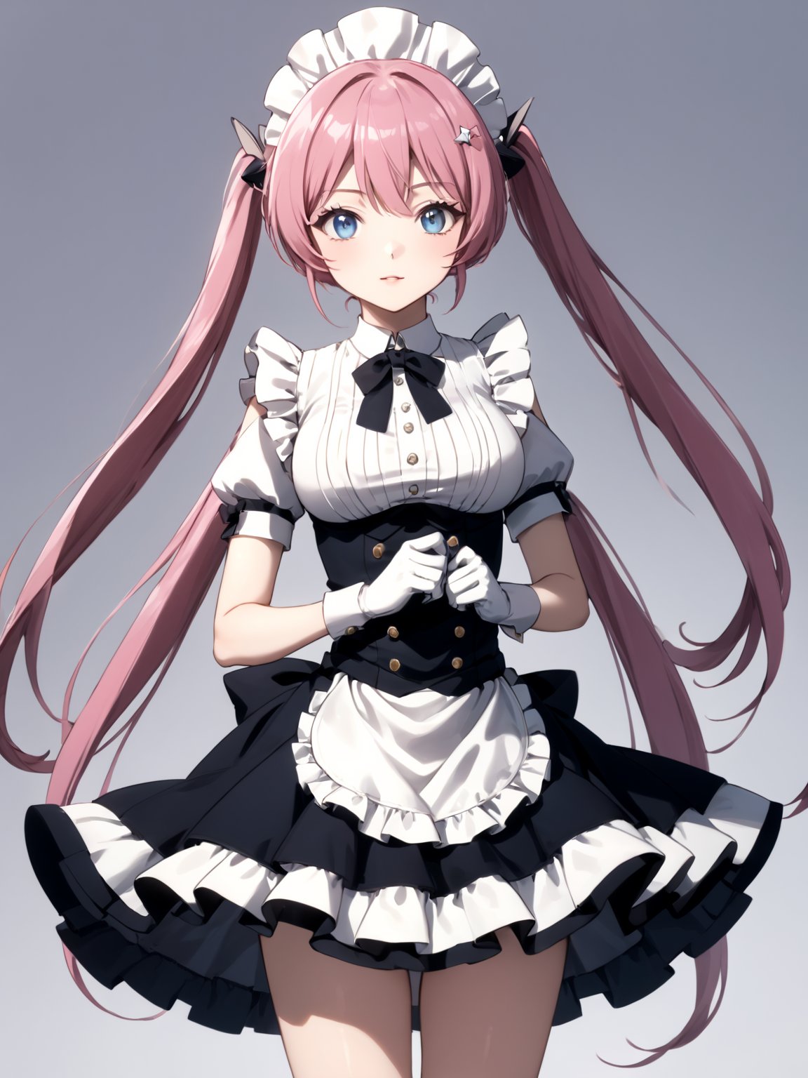 masterpiece, best quality, 8k, 8k UHD, ultra-high resolution, ultra-high definition, highres
,//Character, 
1girl, solo,
,//Fashion, 

,//Background, white_background
,//Others, ,Expressiveh,
Rose_Isekaimaou, long hair, pink hair, twintails, blue eyes, maid, maid headdress, detached sleeves, dress, frills, apron, black pantyhose, white gloves