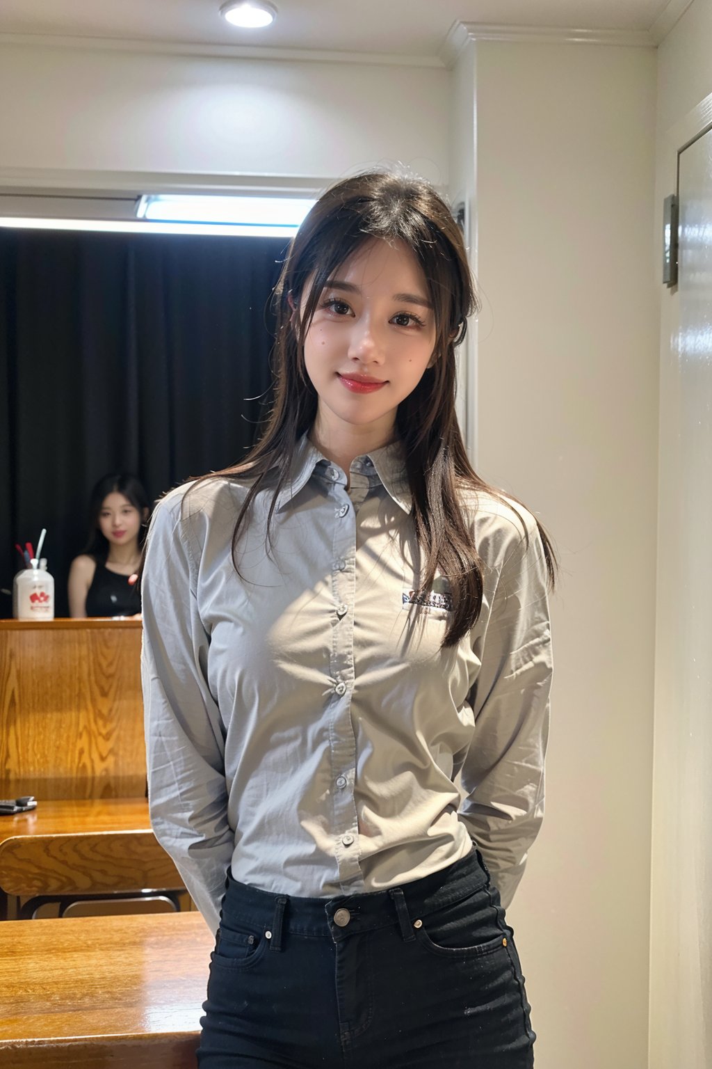 best quality,masterpiece,ultra high res,looking at viewer,simple background, 1girl, solo, looking_at_viewer, black hair,realistic,(standing),slim,(smile)(,hands_behind_back),