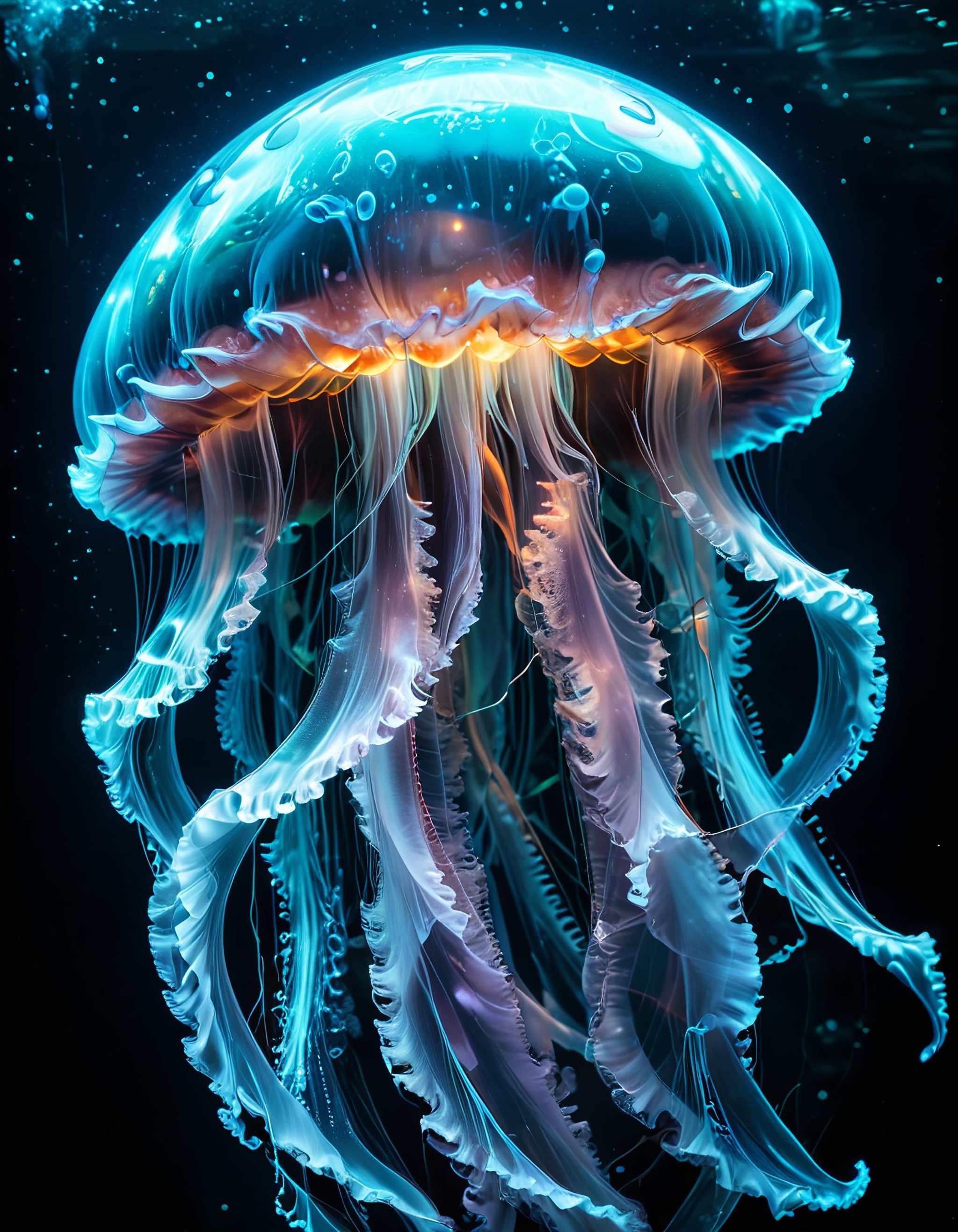 an enormous jellyfish, detailed, translucent, glowing, underwater, lots of details