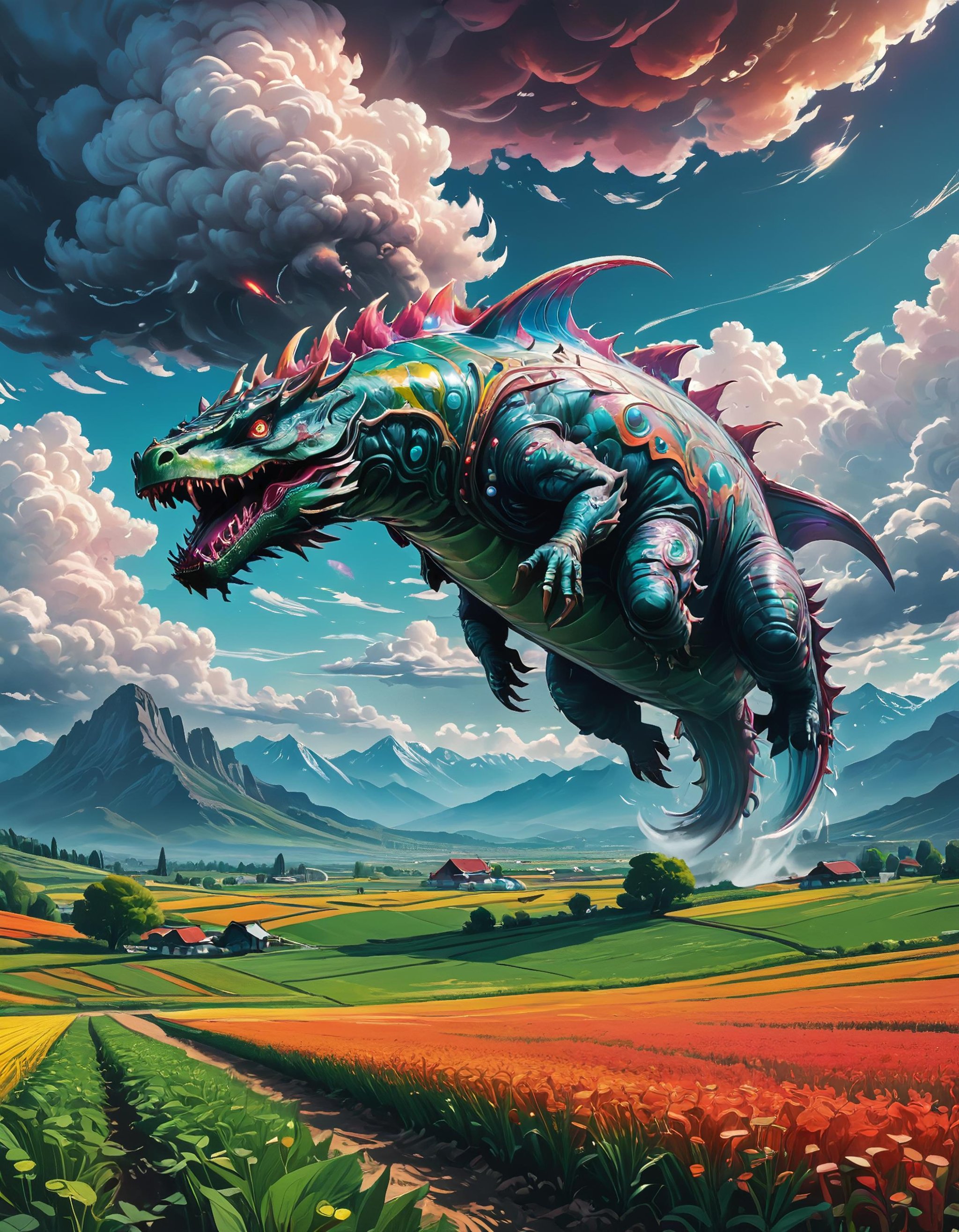 a leviathan monster in the air, flying over vibrant fields, dreamy clouds, mountains in the background